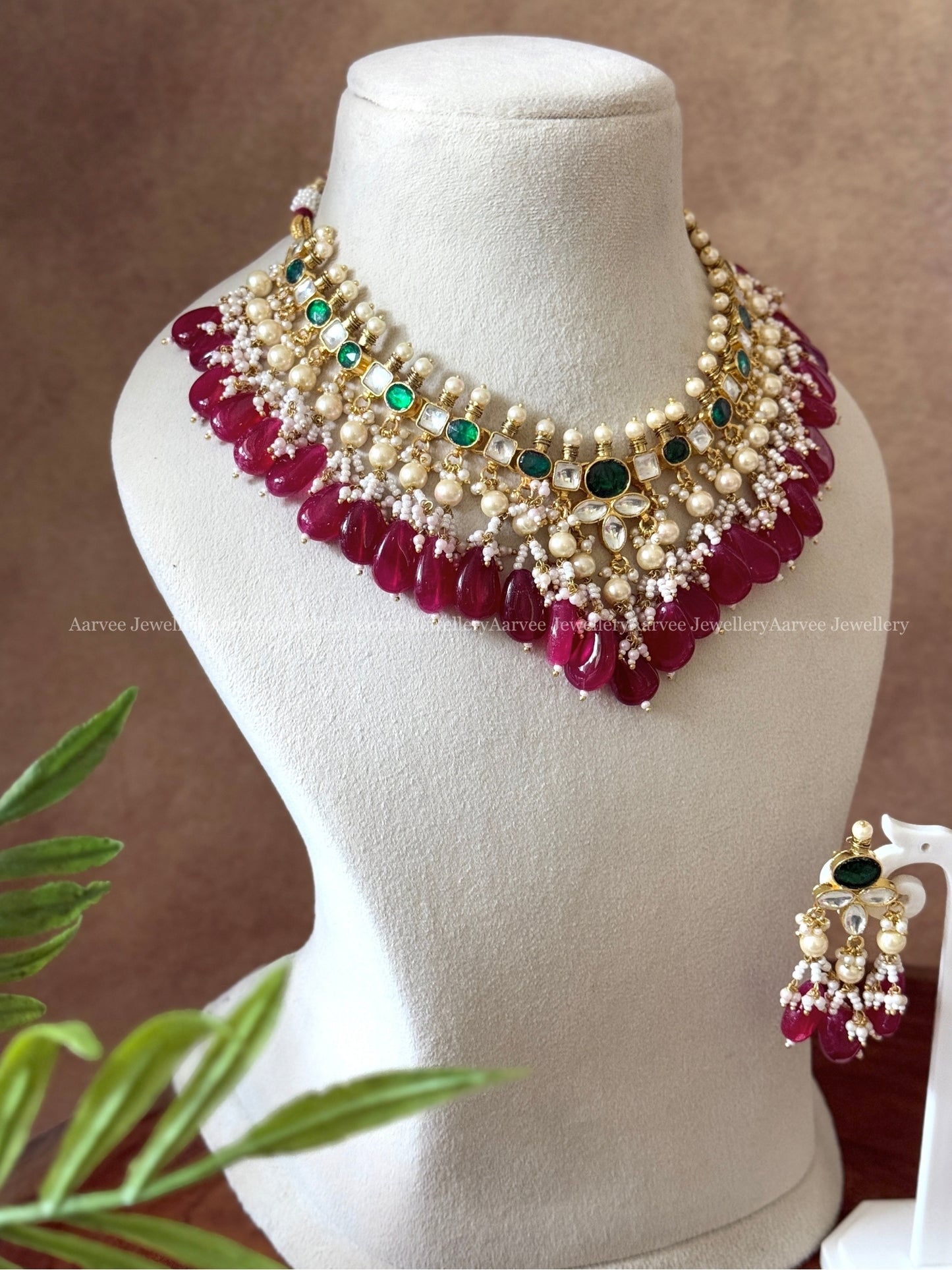 POLKI KUNDAN WHITE & GREEN STONE NECKLACE SET WITH PEARL & RUBY BEADS