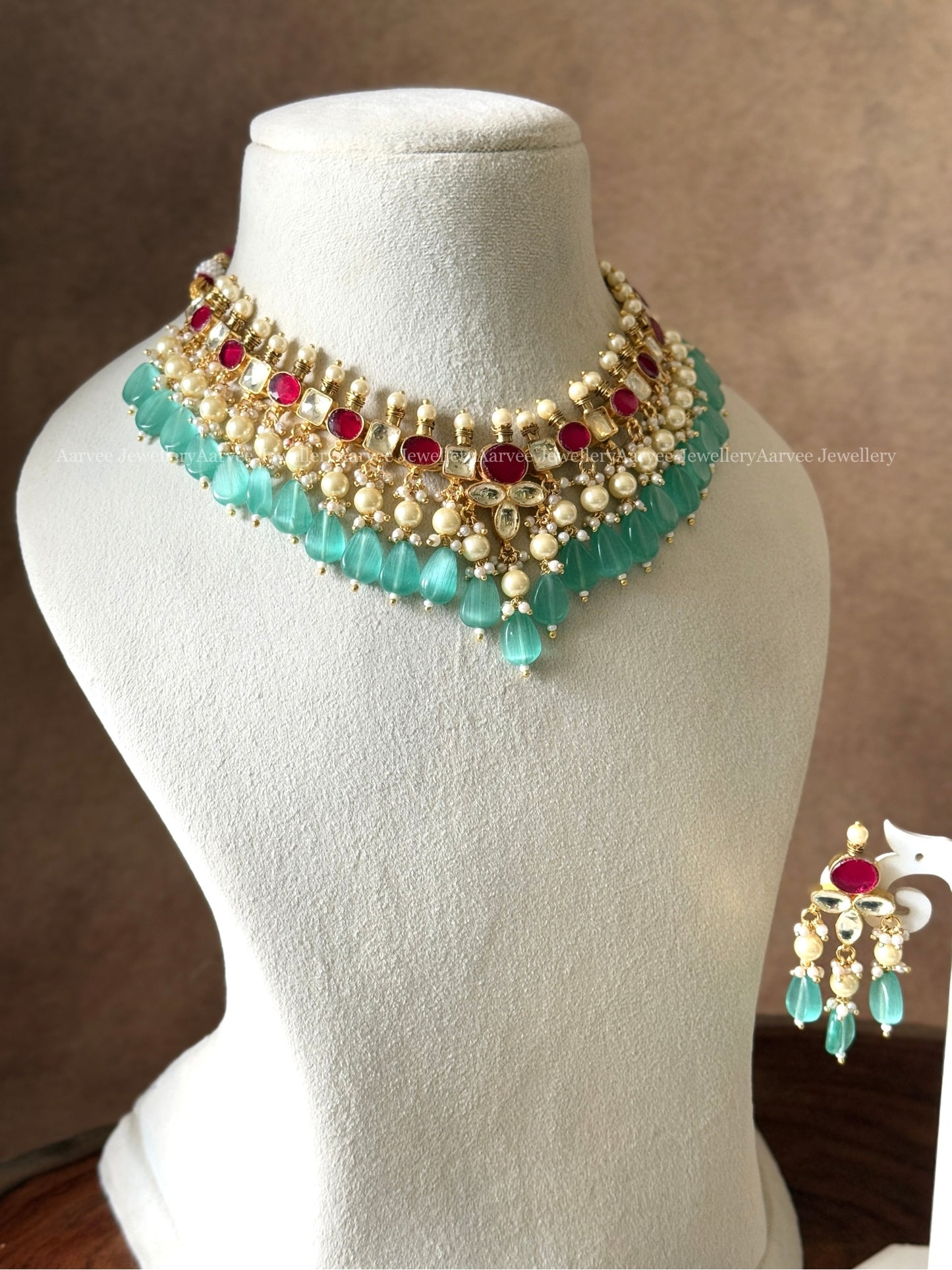POLKI KUNDAN NECKLACE SET WITH RUBY & WHITE STONES AND AQUA BLUE BEADS