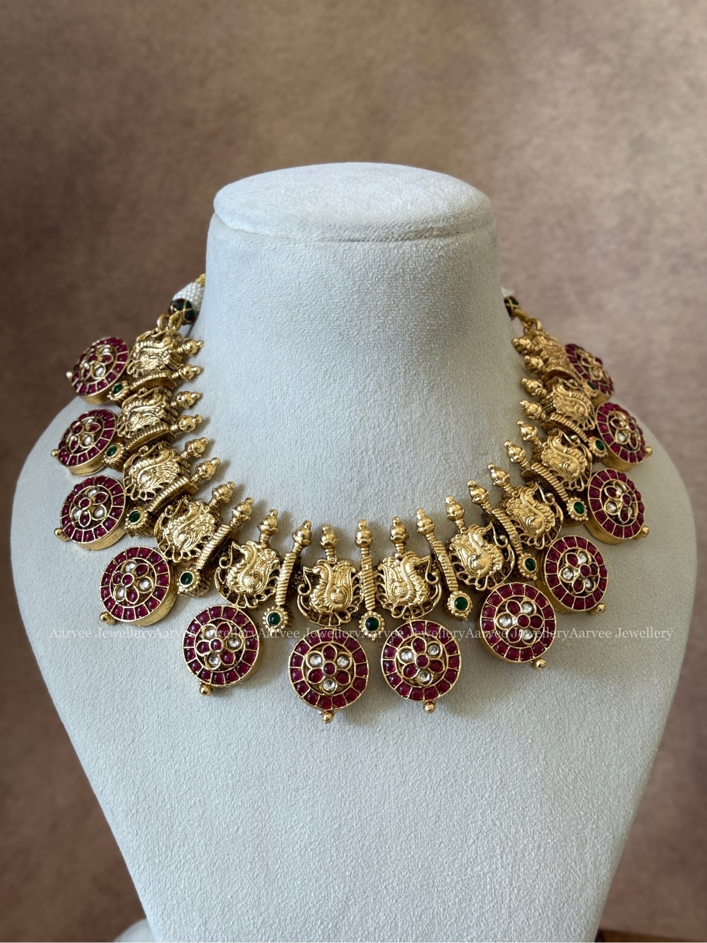 GOLD TONE BUTTA ANNAM NECKLACE SET WITH NAVY RUBY STONES