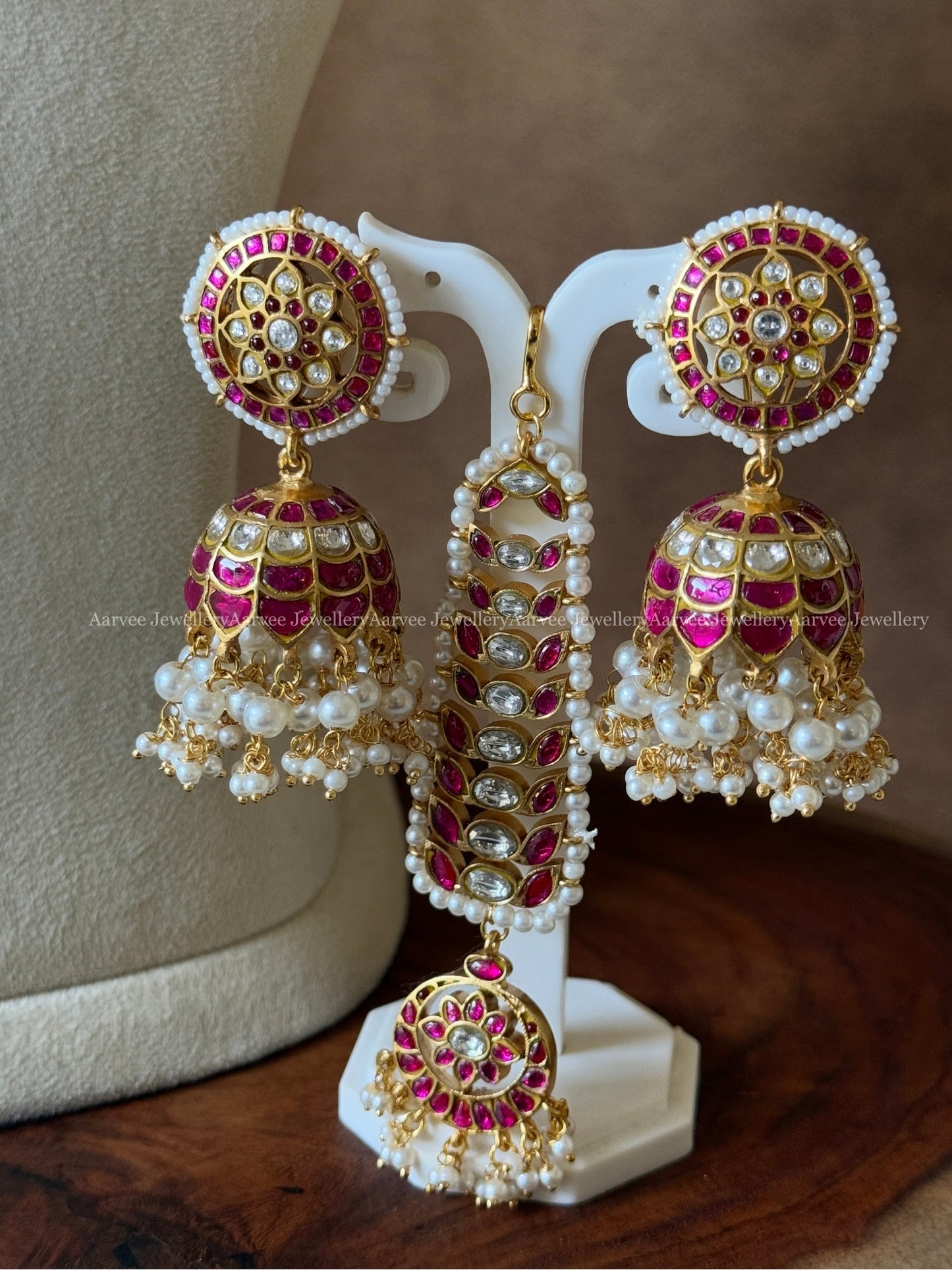 EXQUISITE JADAU KUNDAN SEMI BRIDAL STATEMENT JEWELLERY SET WITH PINK STONES & PEARL BEADS