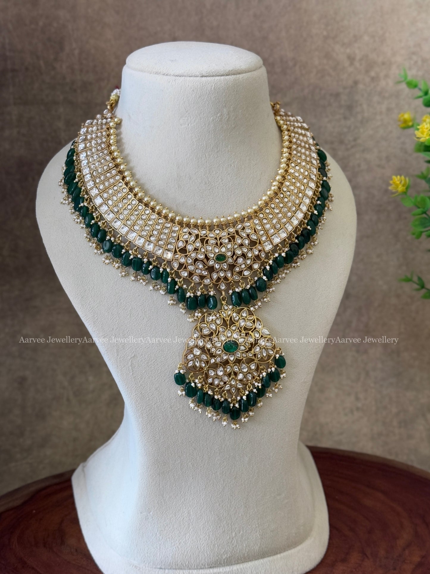 LUXE JADAU BRIDAL JEWELLERY — ADITI CHOKER, STATEMENT NECKLACE & JHUMKI COMBO SET IN WHITE STONES & DARK GREEN BEADS