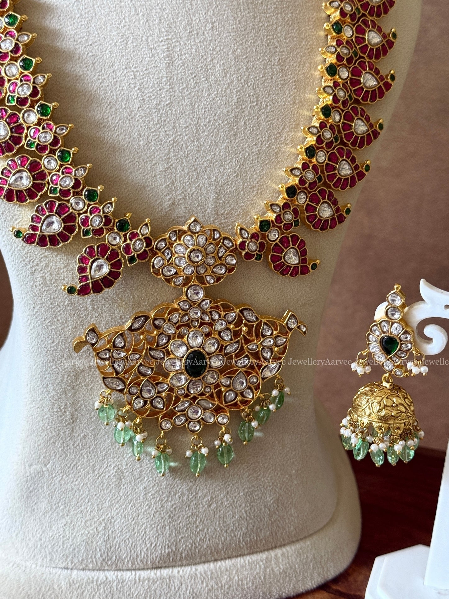 COMBO - JADAU KUNDAN GOLD BALL NECKLACE | JADAU KUNDAN RUBY STONE MANGO MOTIF MID LENGTH HARAM SET WITH WHITE STONE PENDANT & PASTAL BEADS