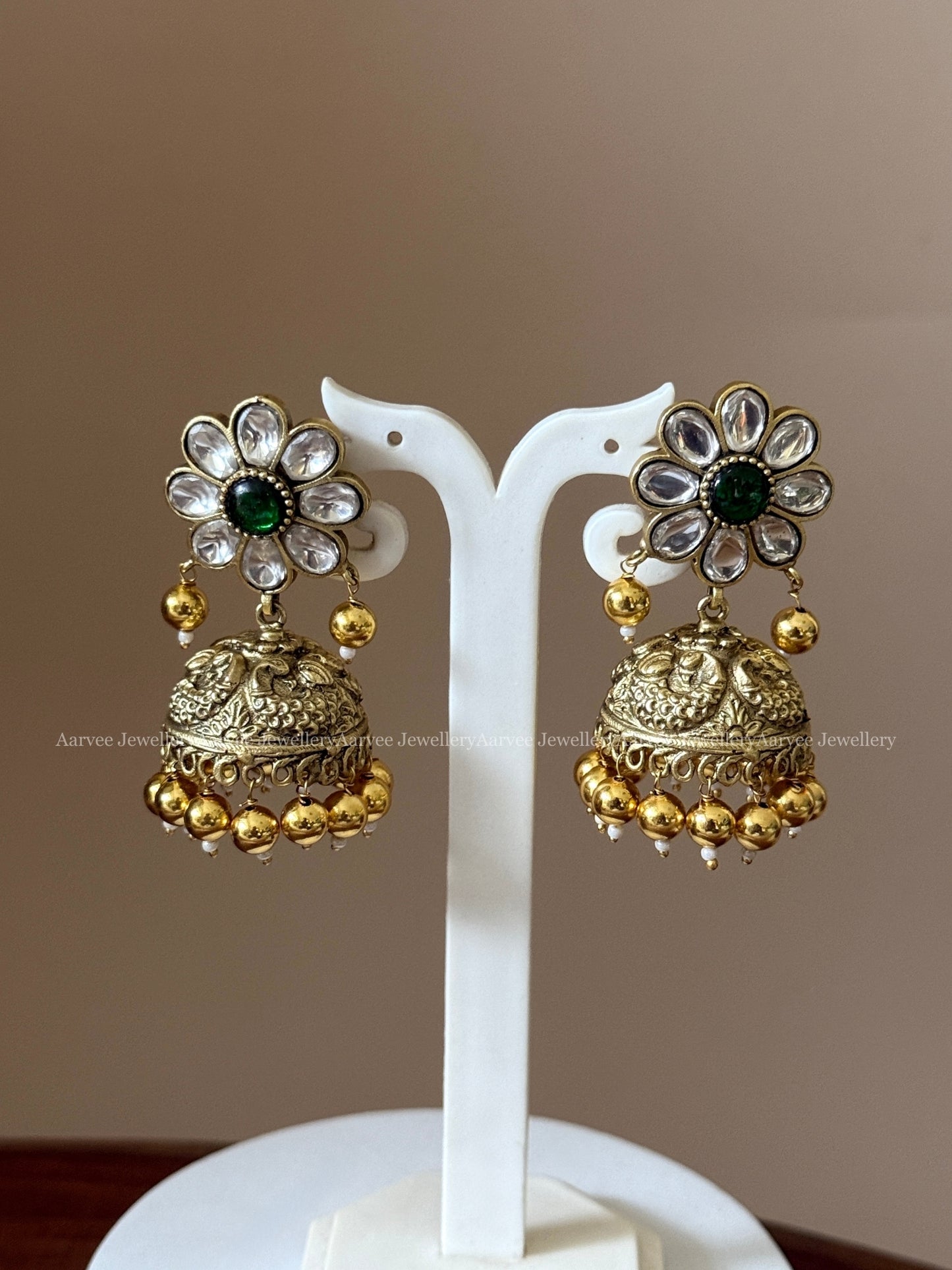 JADAU KUNDAN WHITE STONE HALF MOON & FLORAL NECKLACE WITH JHUMKI