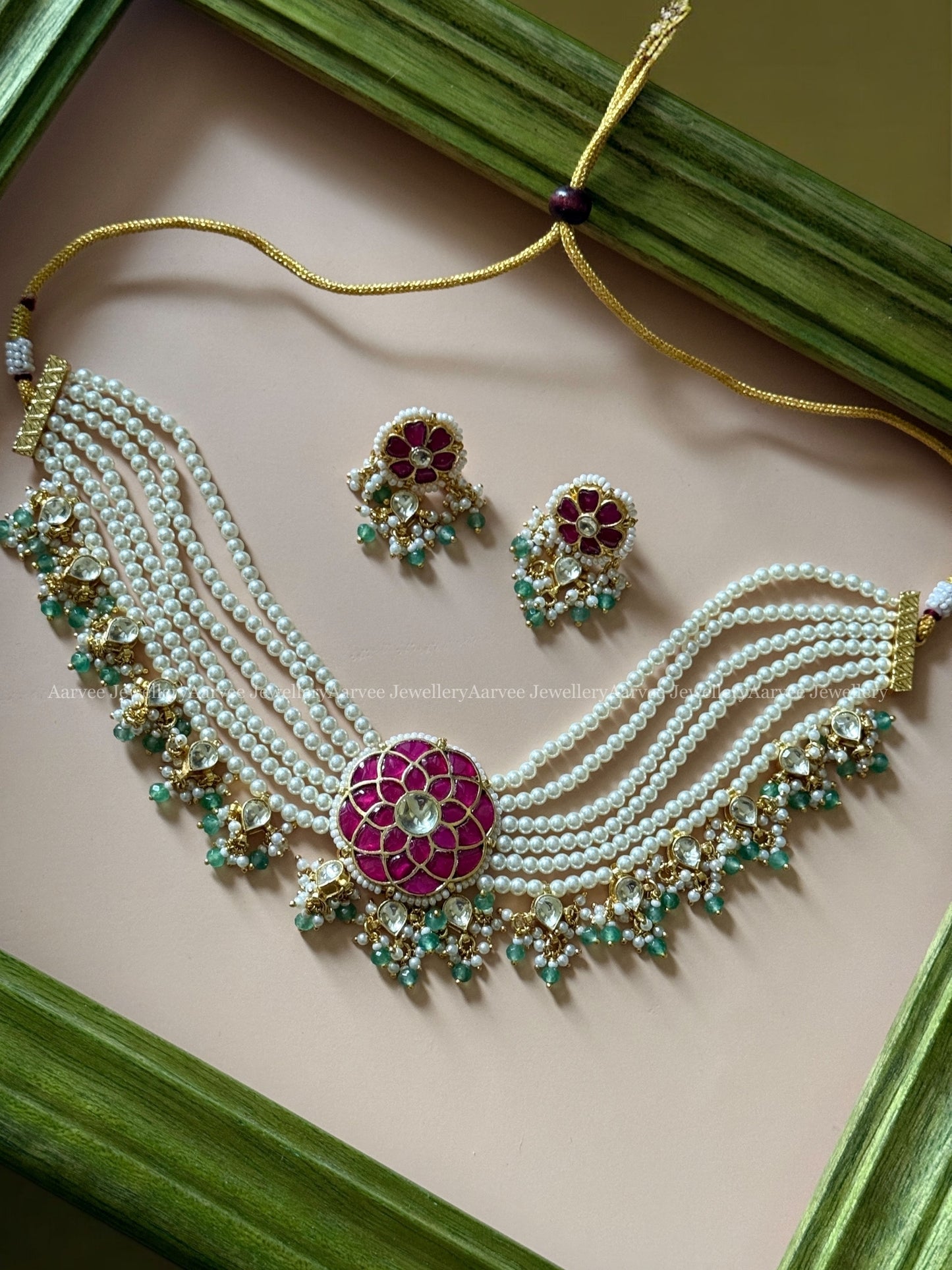 POLKI KUNDAN PEARL BEADED CHOKER SET WITH PINK FLORAL PENDANT & PASTEL BEAD DROPS