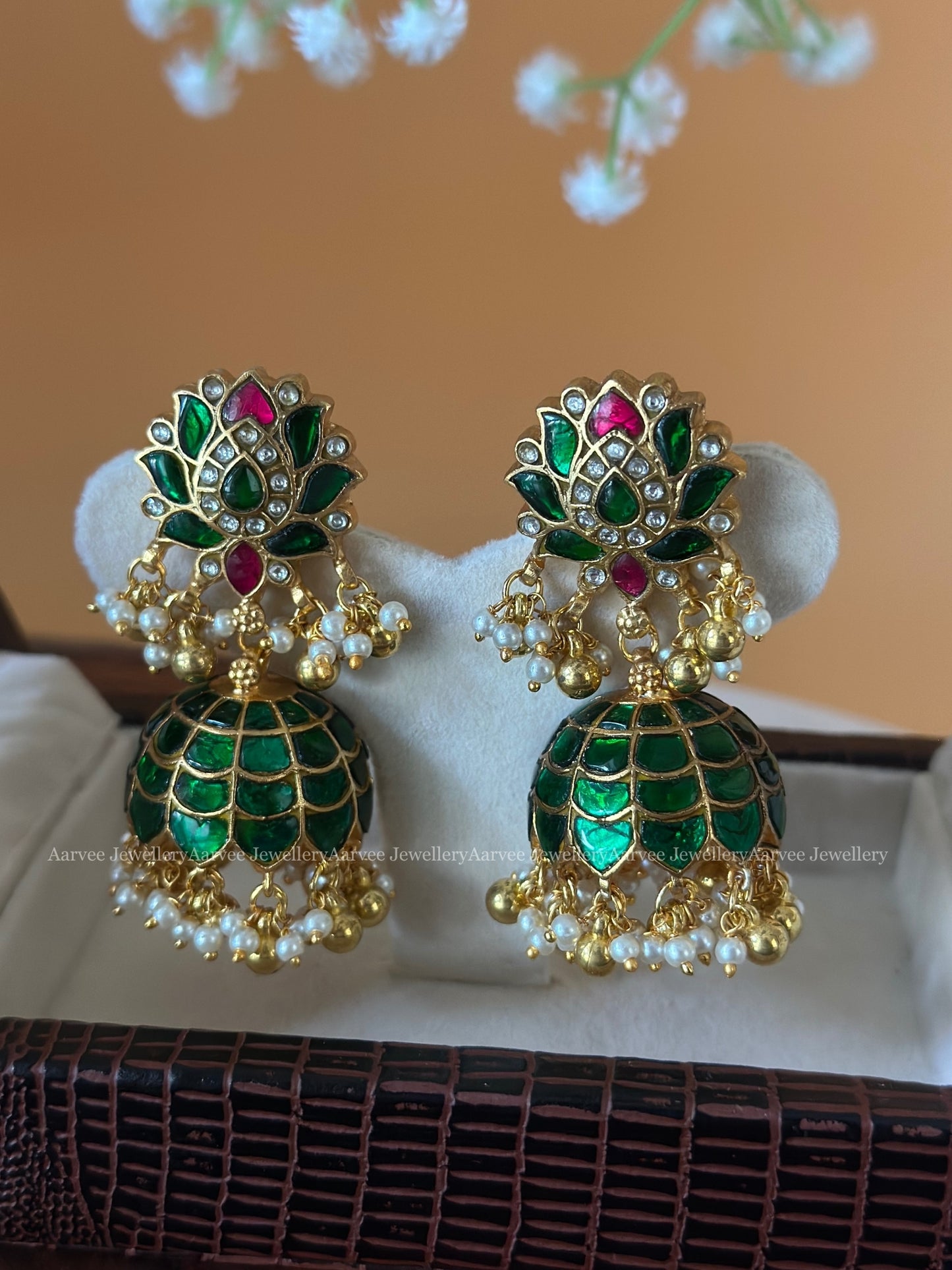 JADAU KUNDAN GREEN STONE LOTUS JHUMKI WITH MIX OF GOLD & PEARLS