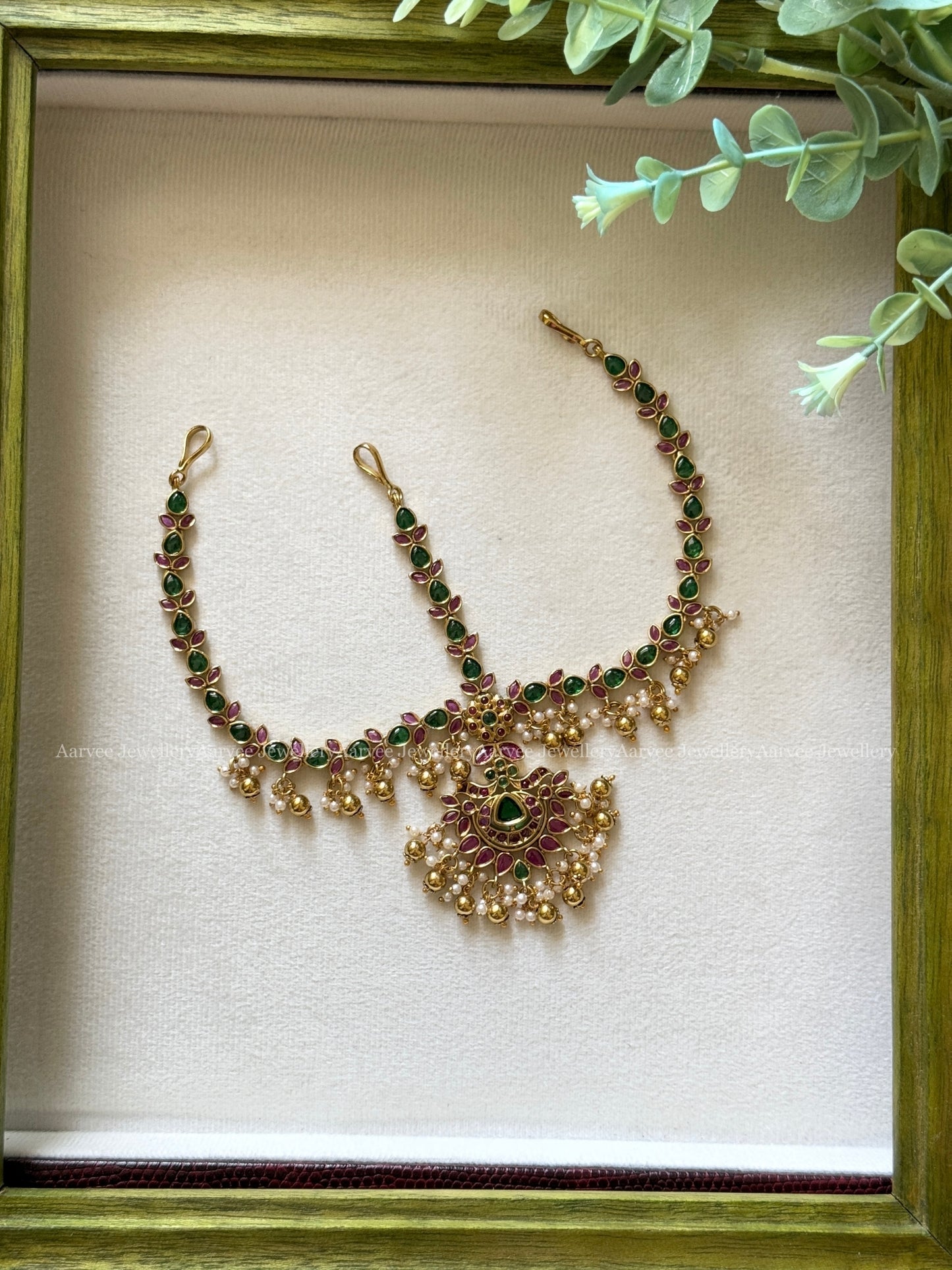 RUBY / GREEN STONE FLORAL MATHAPATHI WITH GOLD BEADS