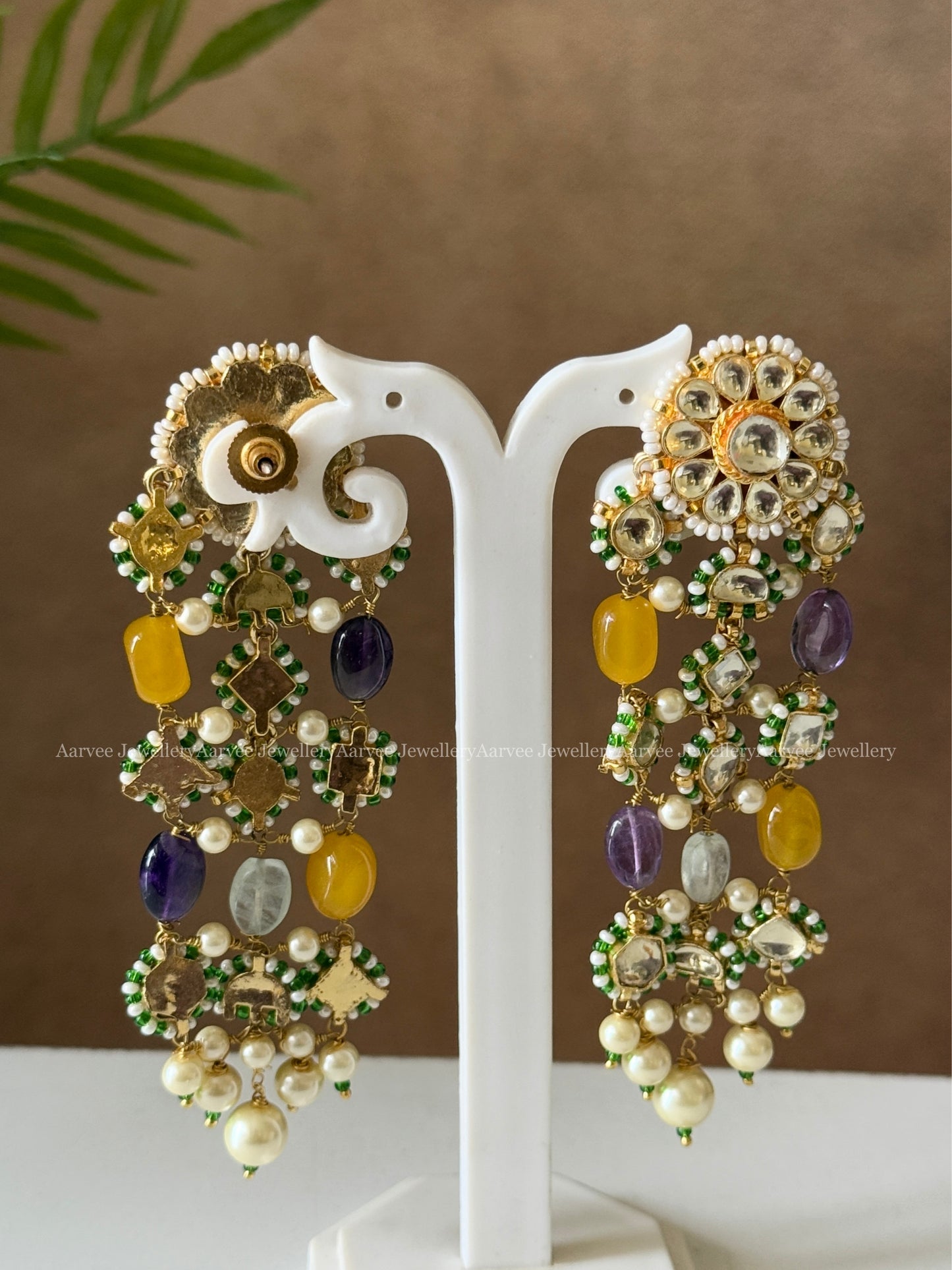 POLKI KUNDAN BEADED DANGLER EARRINGS WITH YELLOW / PURPLE BEADS