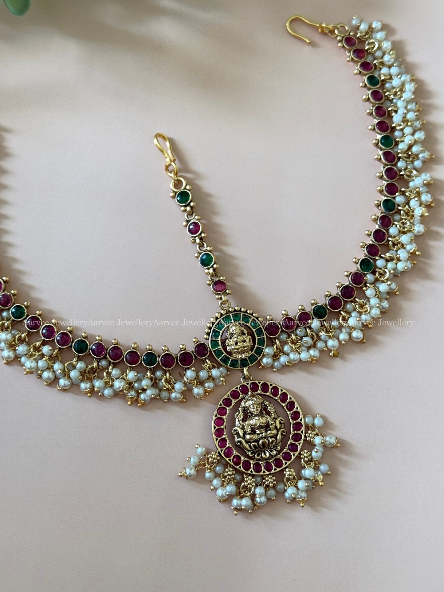 KEMP MATHAPATI LAKSHMI PENDANT WITH RUBY/GREEN STONES AND PEARLS | GOLD FINISH