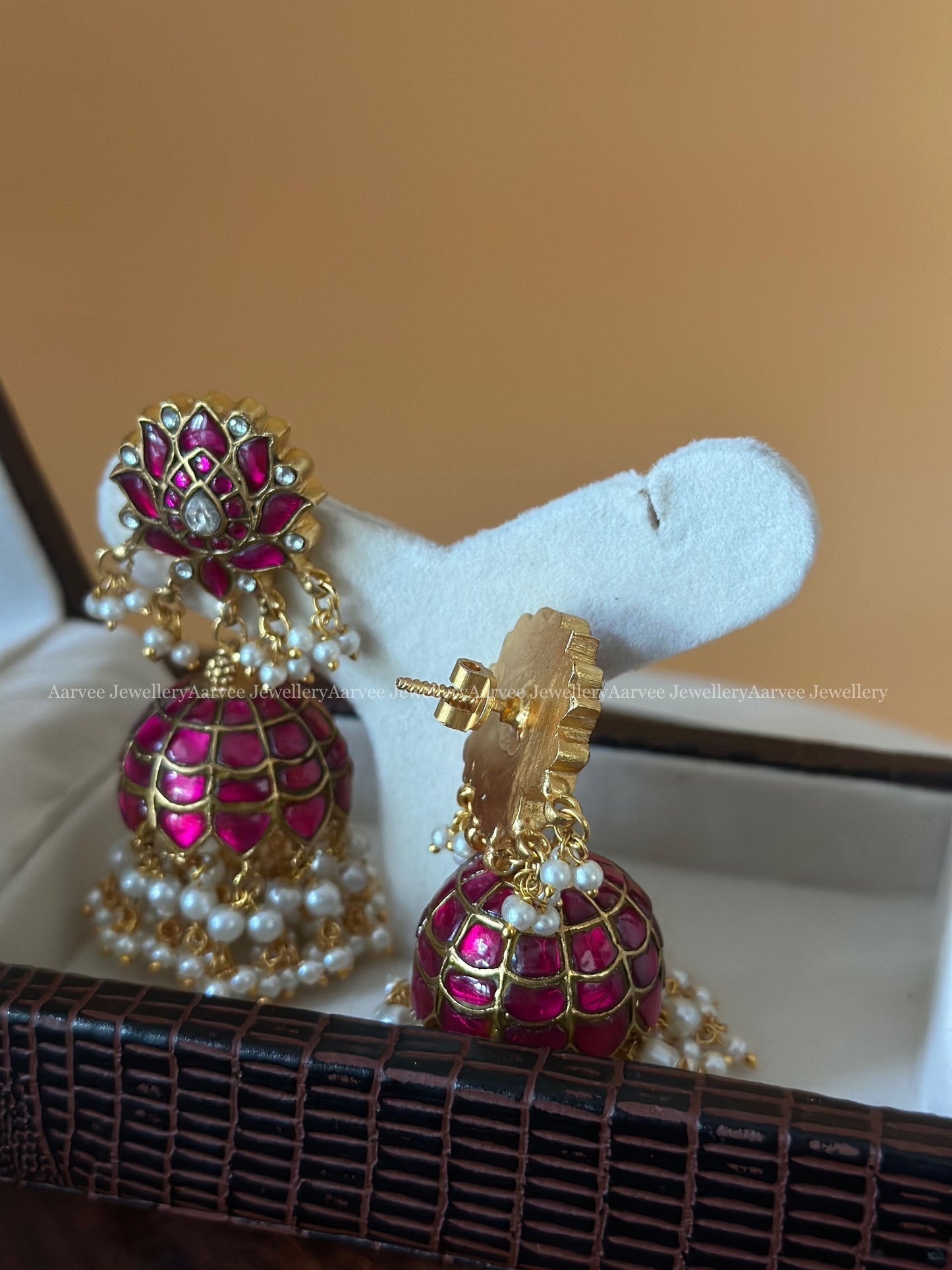 JADAU KUNDAN PINK STONE LOTUS JHUMKI WITH FULL PEARLS