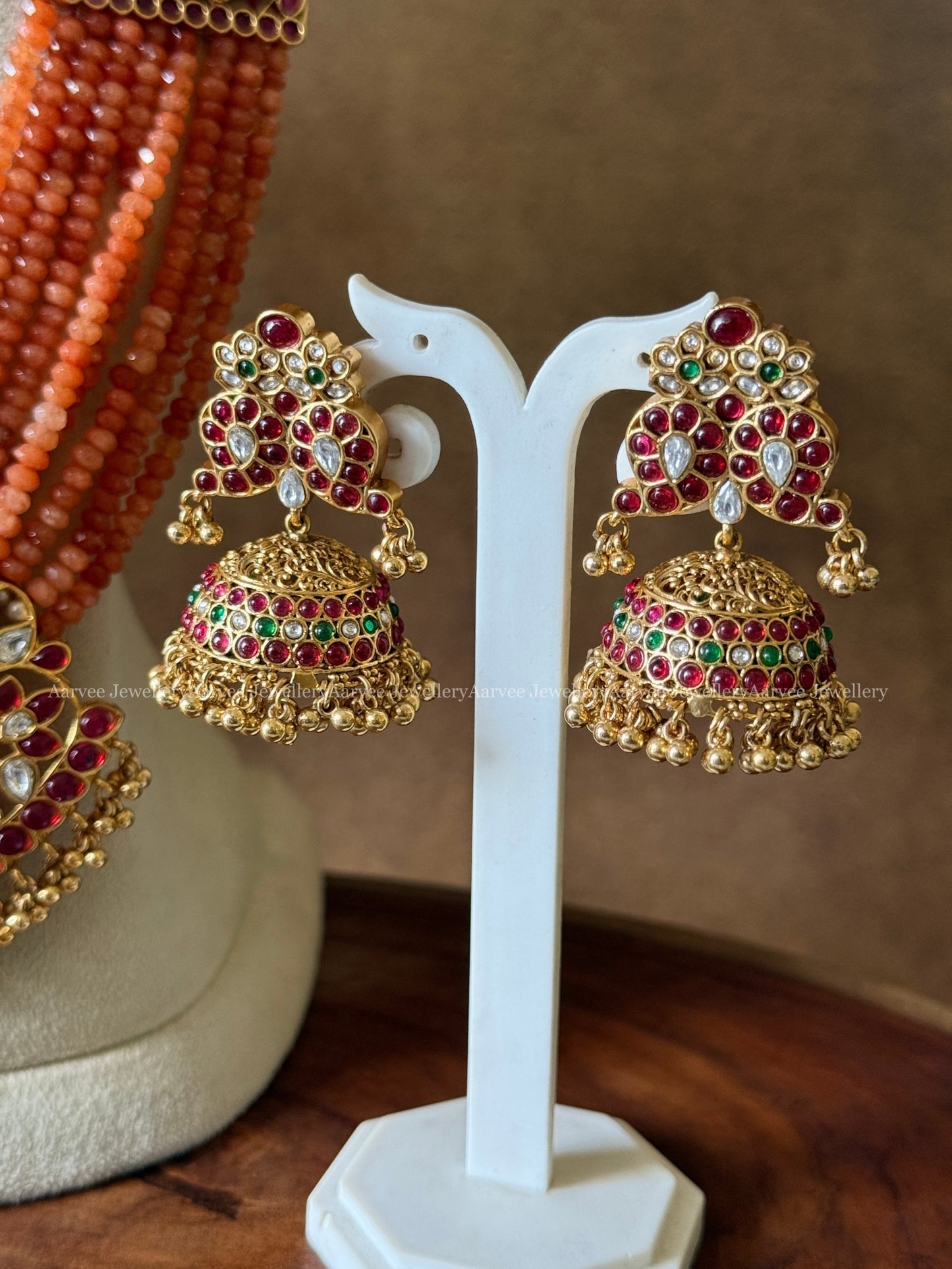PEARL & ORANGE MULTI BEADED MID LENGTH HARAM SET WITH KEMP PENDANT