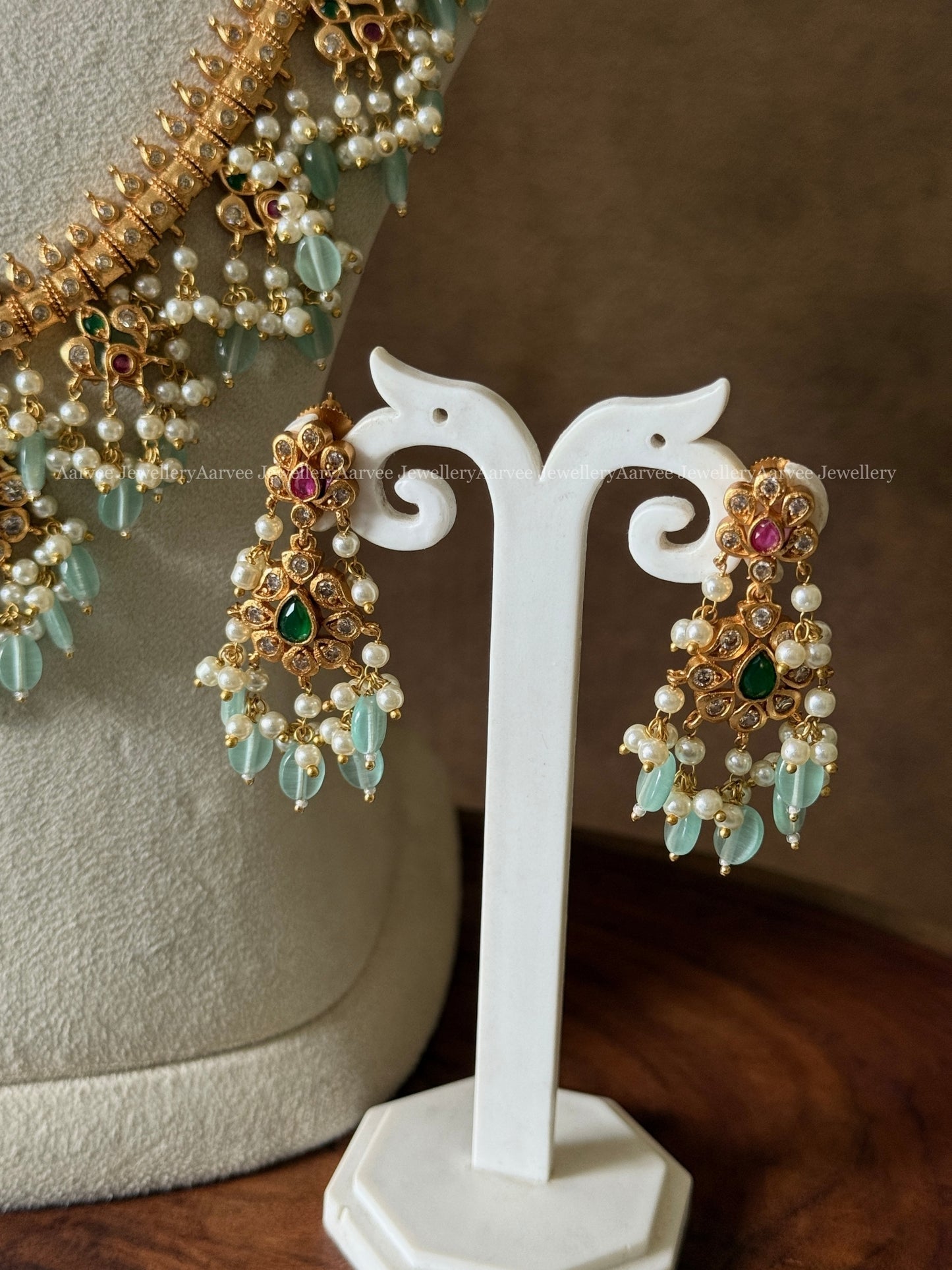 FLORAL GUTTA PUSALU HARAM SET WITH PASTEL BLUE BEADS
