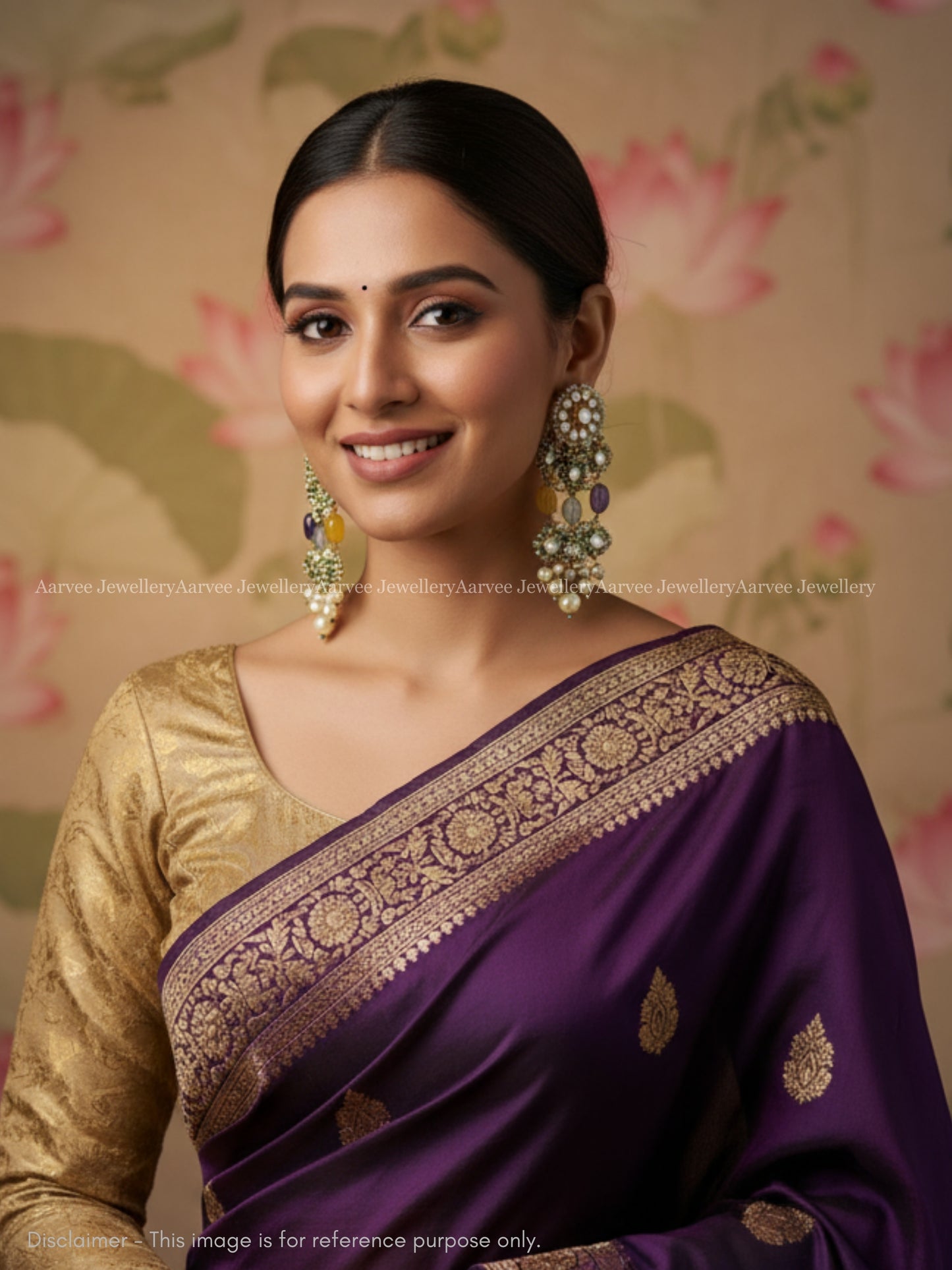 POLKI KUNDAN BEADED DANGLER EARRINGS WITH YELLOW / PURPLE BEADS