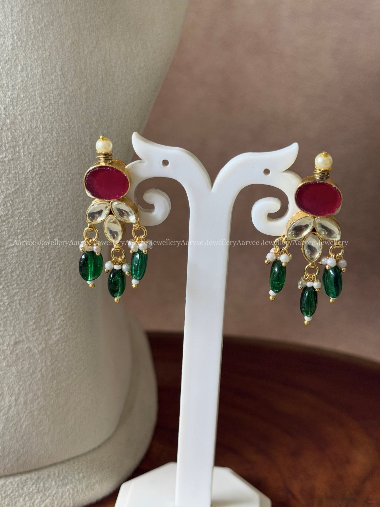 POLKI KUNDAN - RUBY STONE NECKLACE SET WITH DARK GREEN BEADS