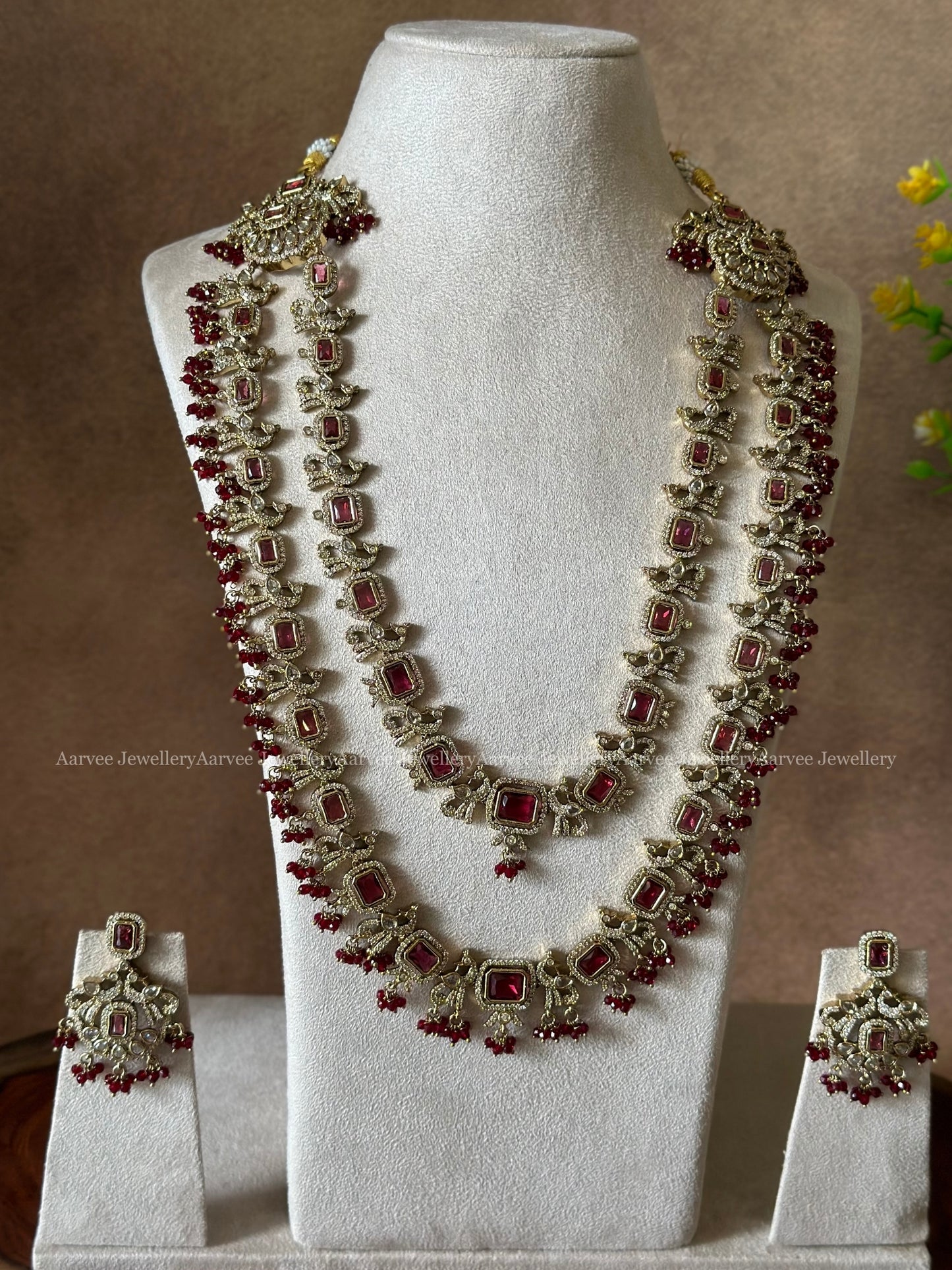 VICTORIAN SEMI BRIDAL SET | CHOKER & HARAM SET WITH DARK RUBY STONES & MAROON BEADS
