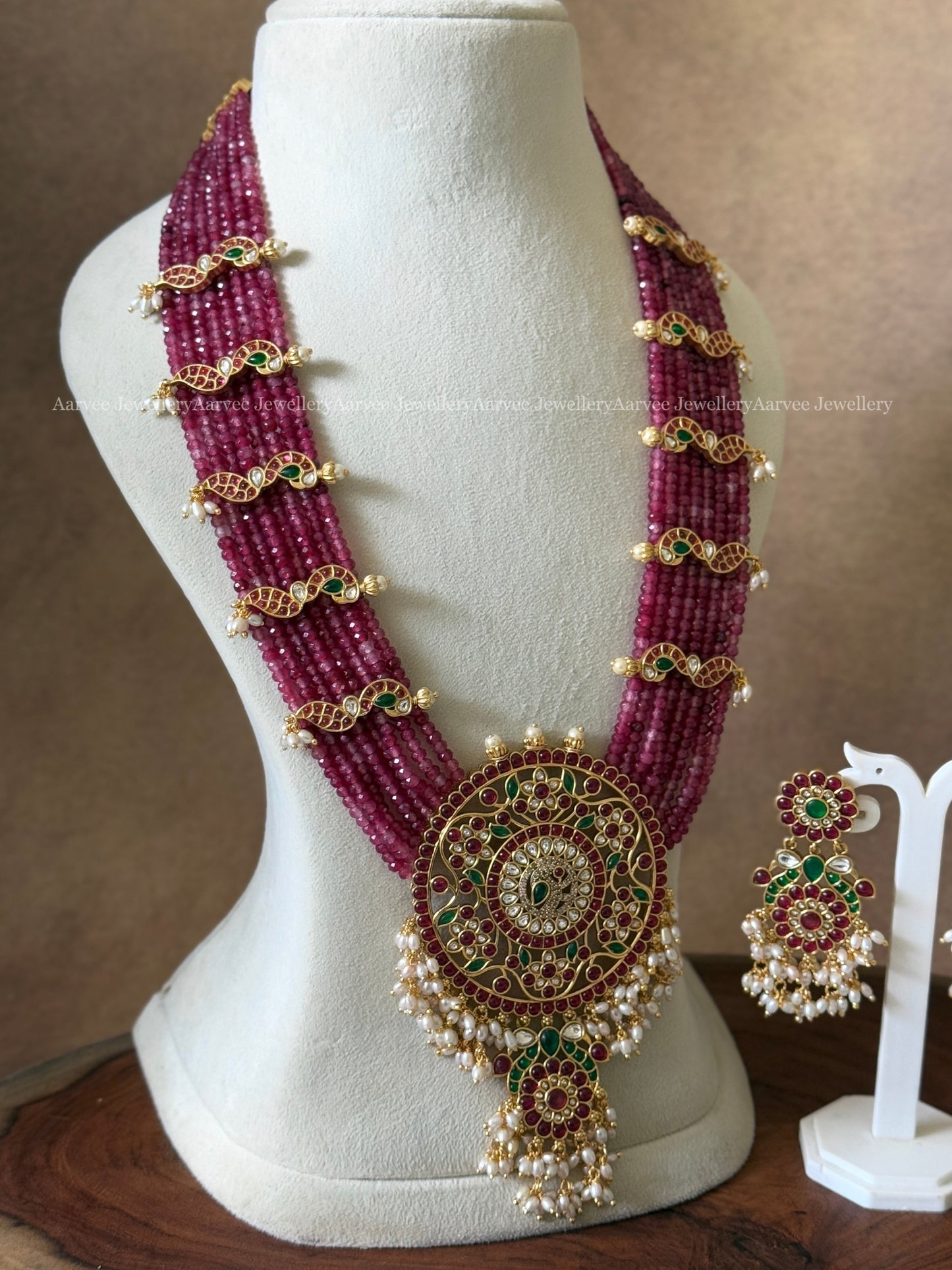 HIGH QUALITY RUBY BEADED HARAM SET WITH FLORAL PENDANT / SIDE PENDANT