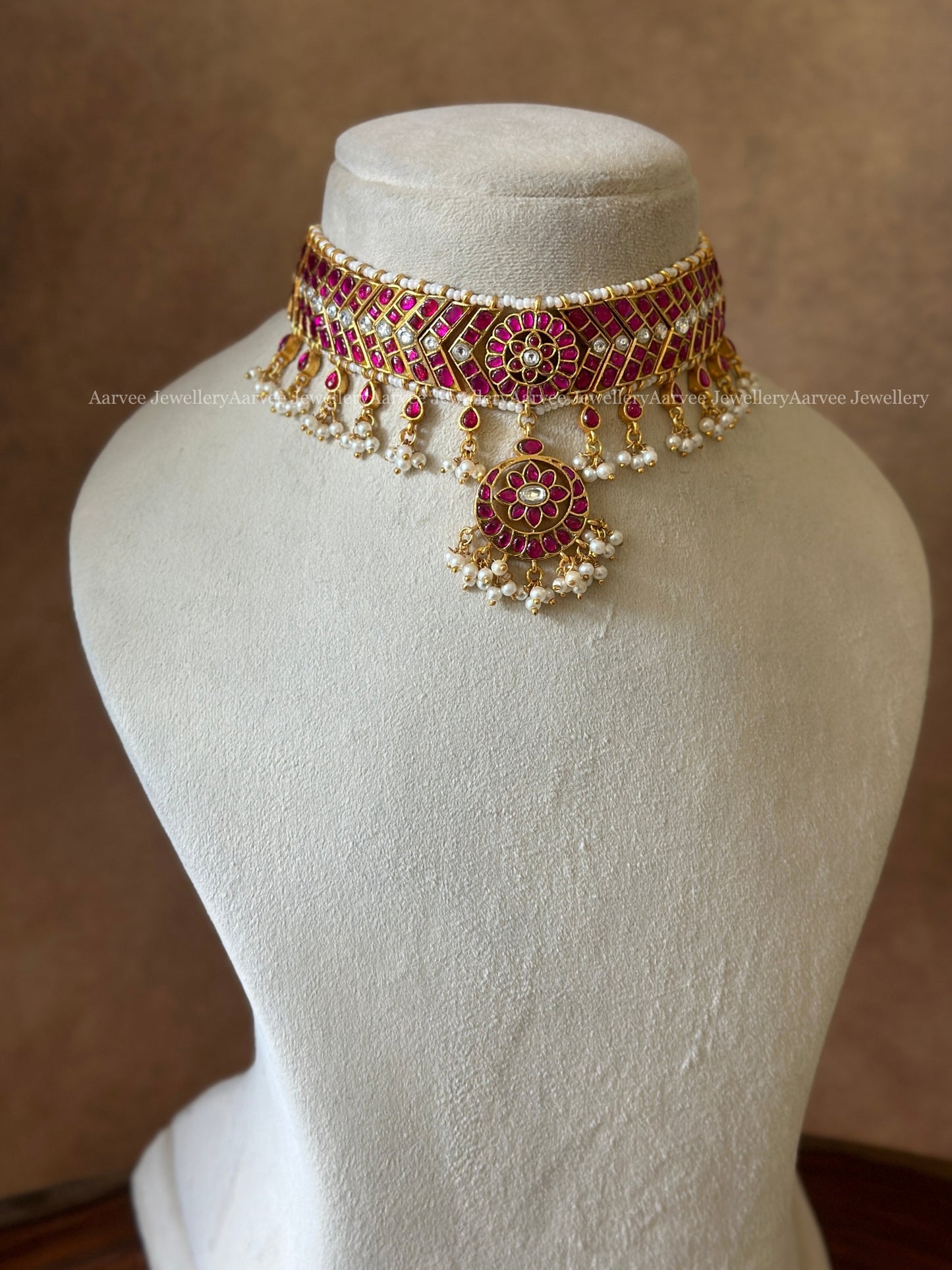 JADAU KUNDAN CHOKER SET WITH PINK KUNDAN STONES & PEARLS