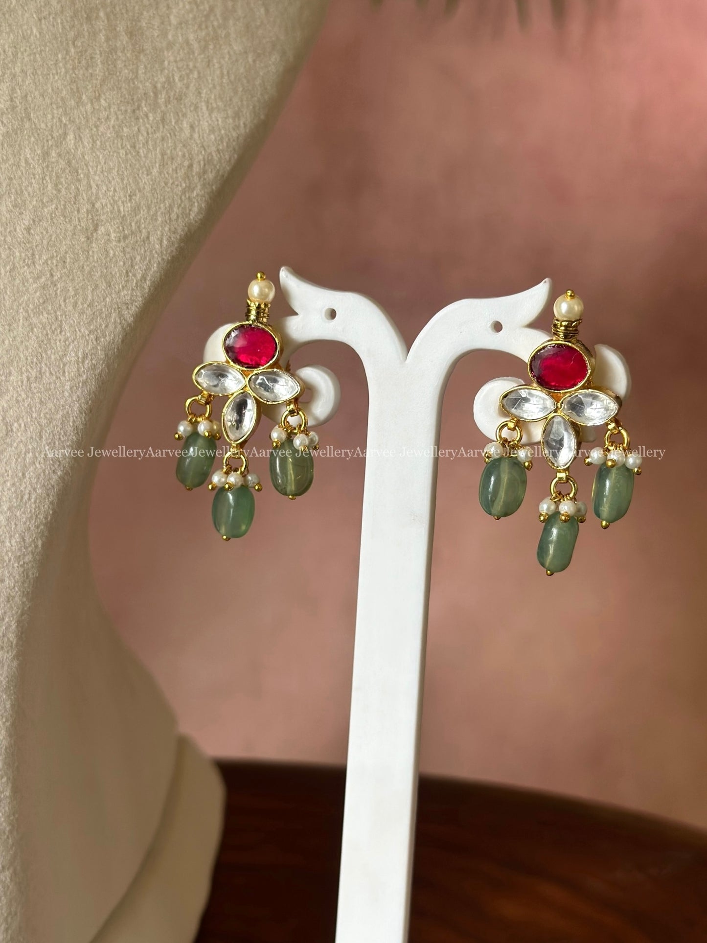POLKI KUNDAN NECKLACE SET WITH RED STONES AND PASTEL BEADS