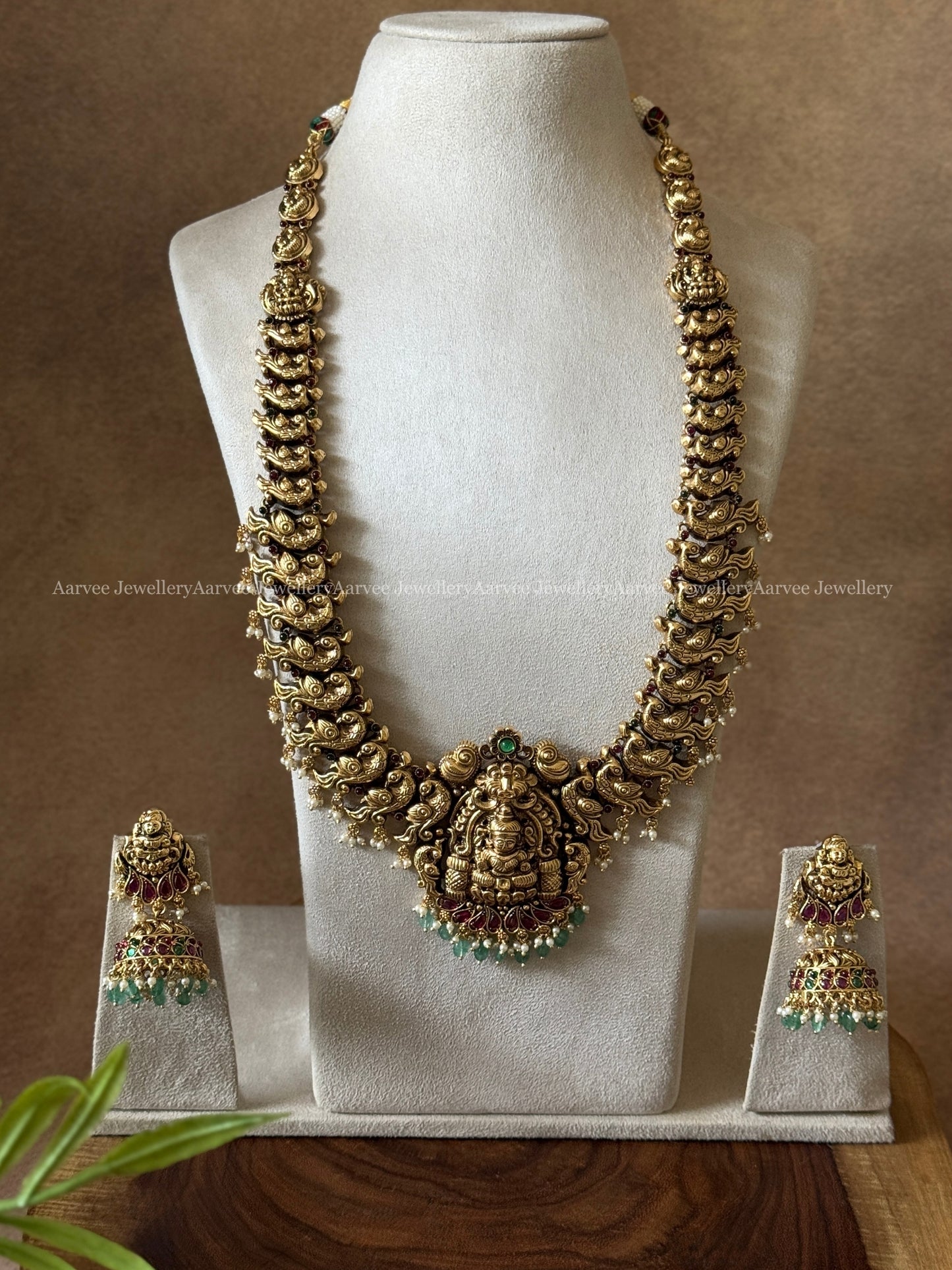 TEMPLE BRIDAL JEWELLERY SET WITH PEACOCK MOTIF & LAKSHMI PENDANT WITH PASTEL BEADS