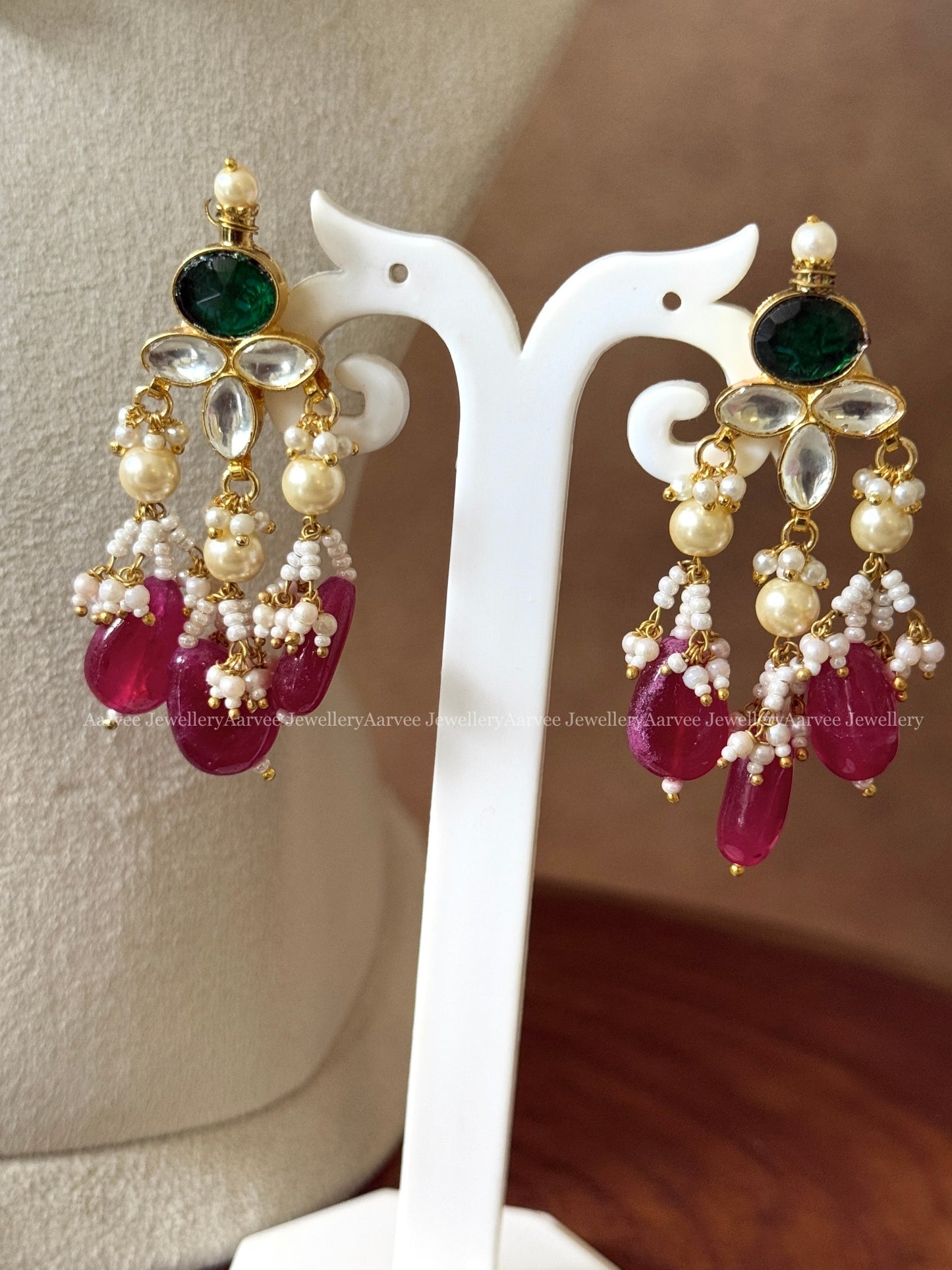 POLKI KUNDAN WHITE & GREEN STONE NECKLACE SET WITH PEARL & RUBY BEADS