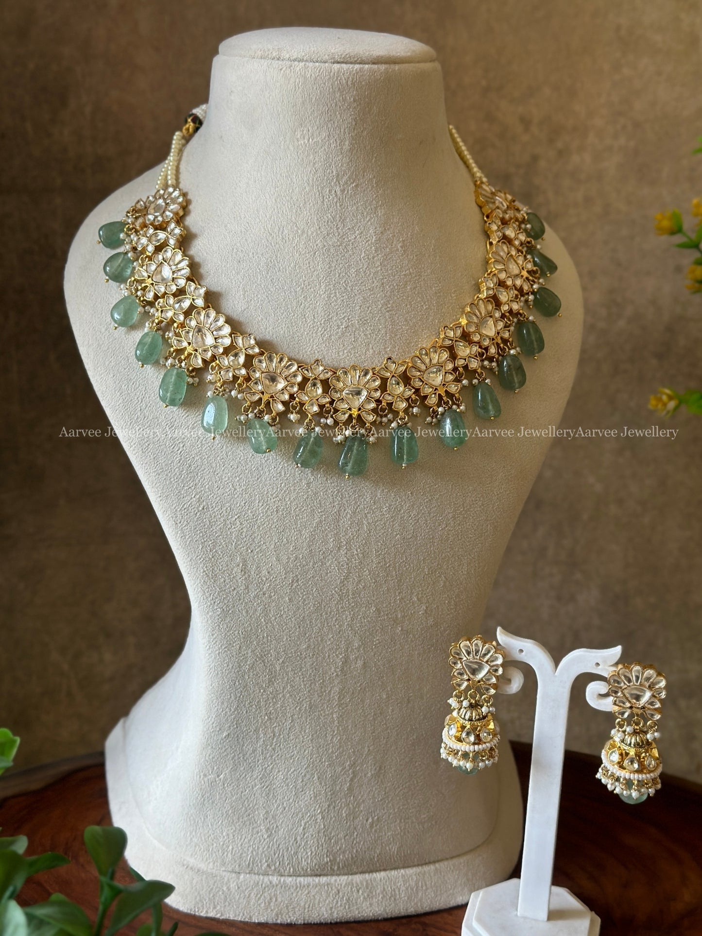 POLKI KUNDAN MULTI FUNCTIONAL STATEMENT NECKLACE SET WITH PASTEL BEADS
