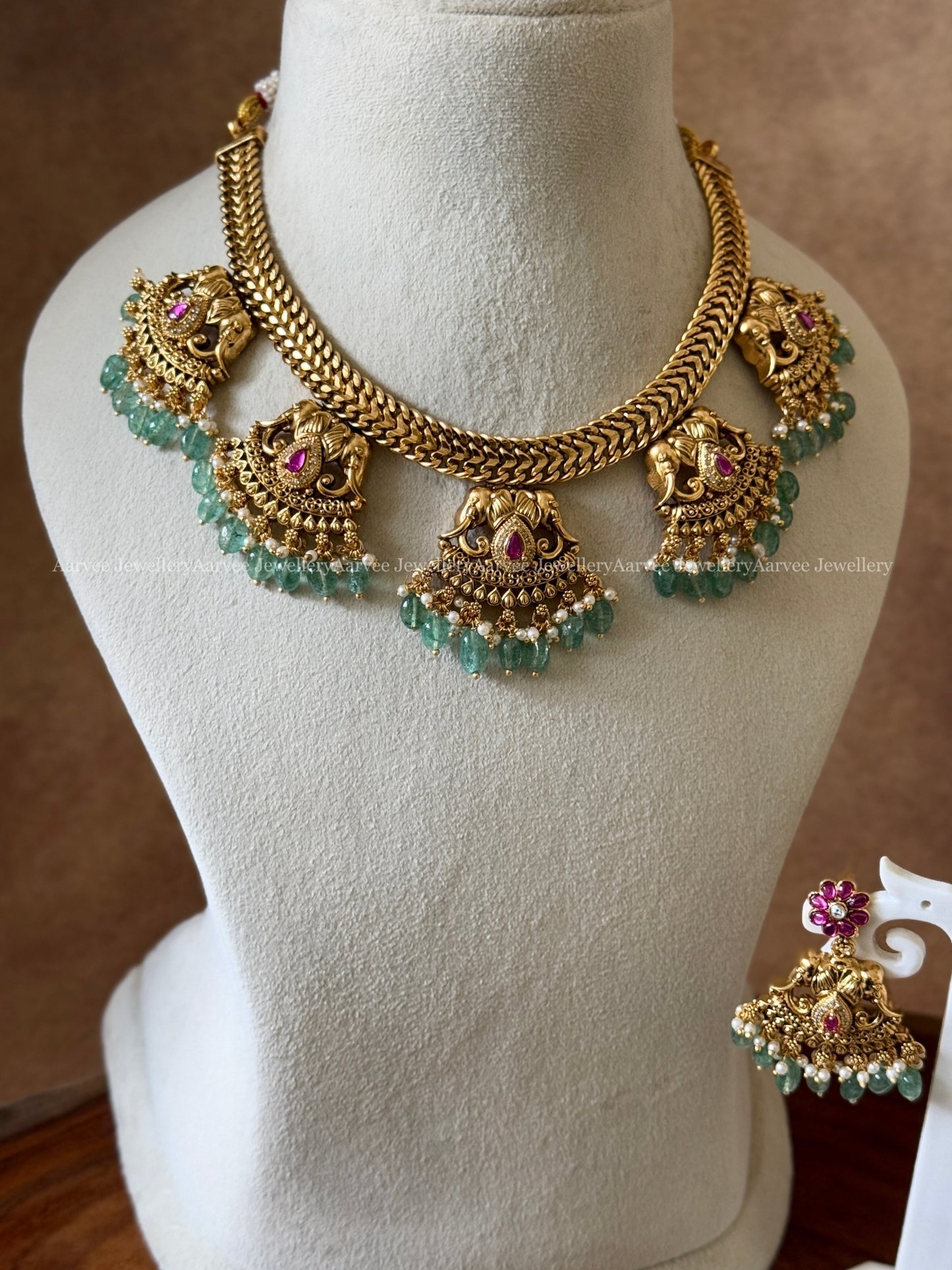 JALEBI NECKLACE SET FIVE PENDANT ELEPHANT MOTIF WITH PASTEL BEADS