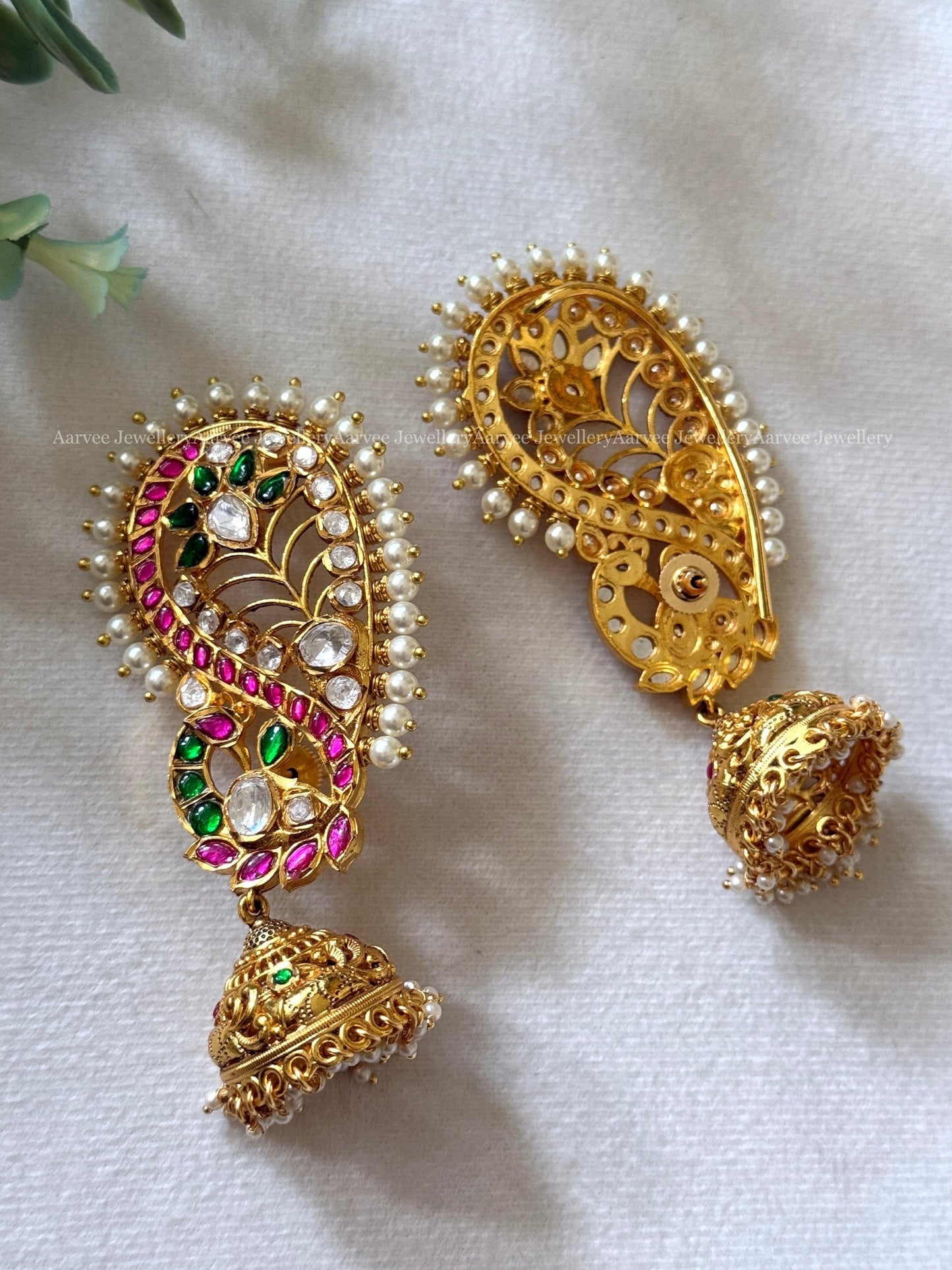 CUFF MODEL PEACOCK JHUMKI WITH RUBY / GREEN STONES