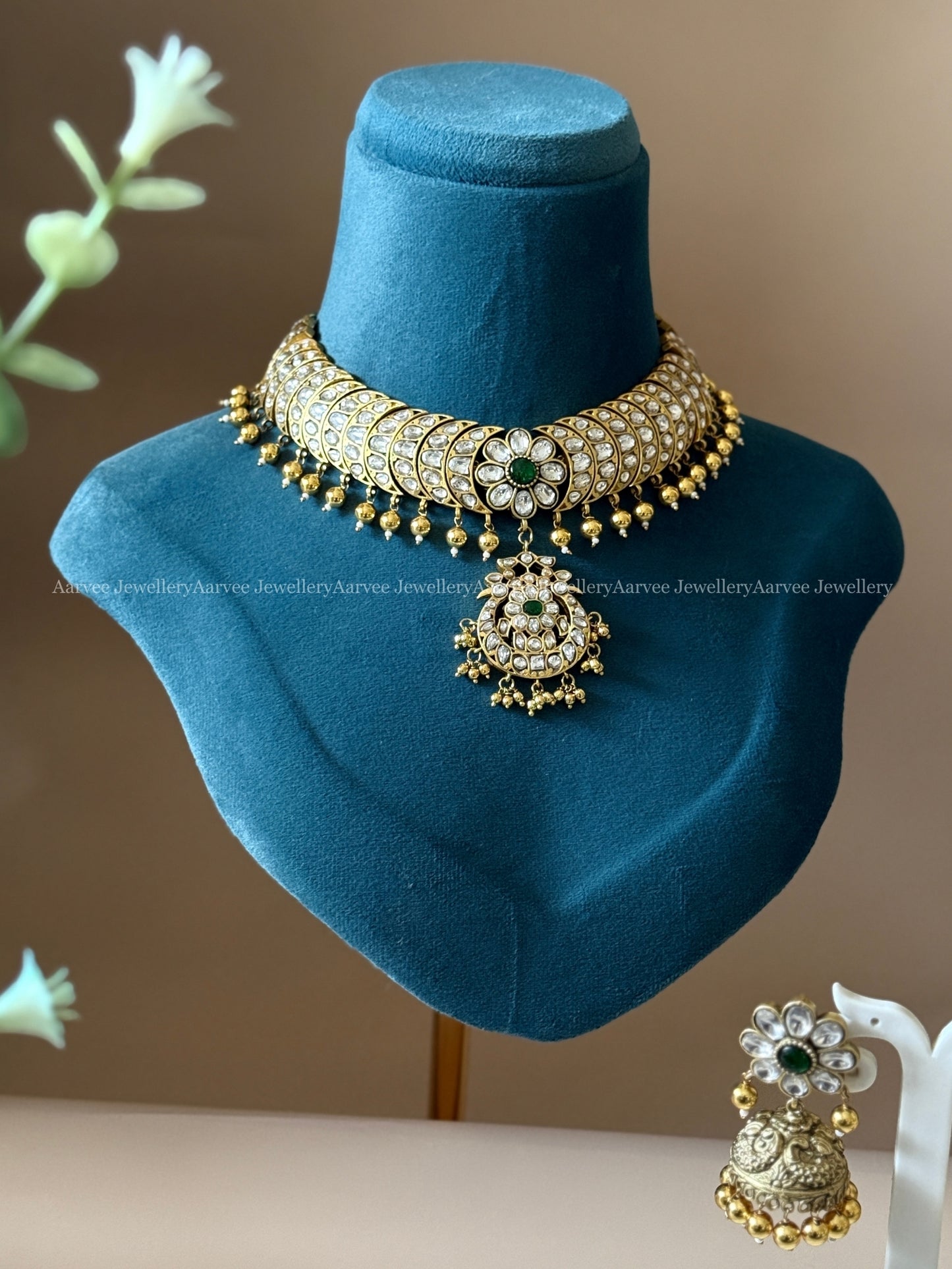 JADAU KUNDAN WHITE STONE HALF MOON & FLORAL NECKLACE WITH JHUMKI