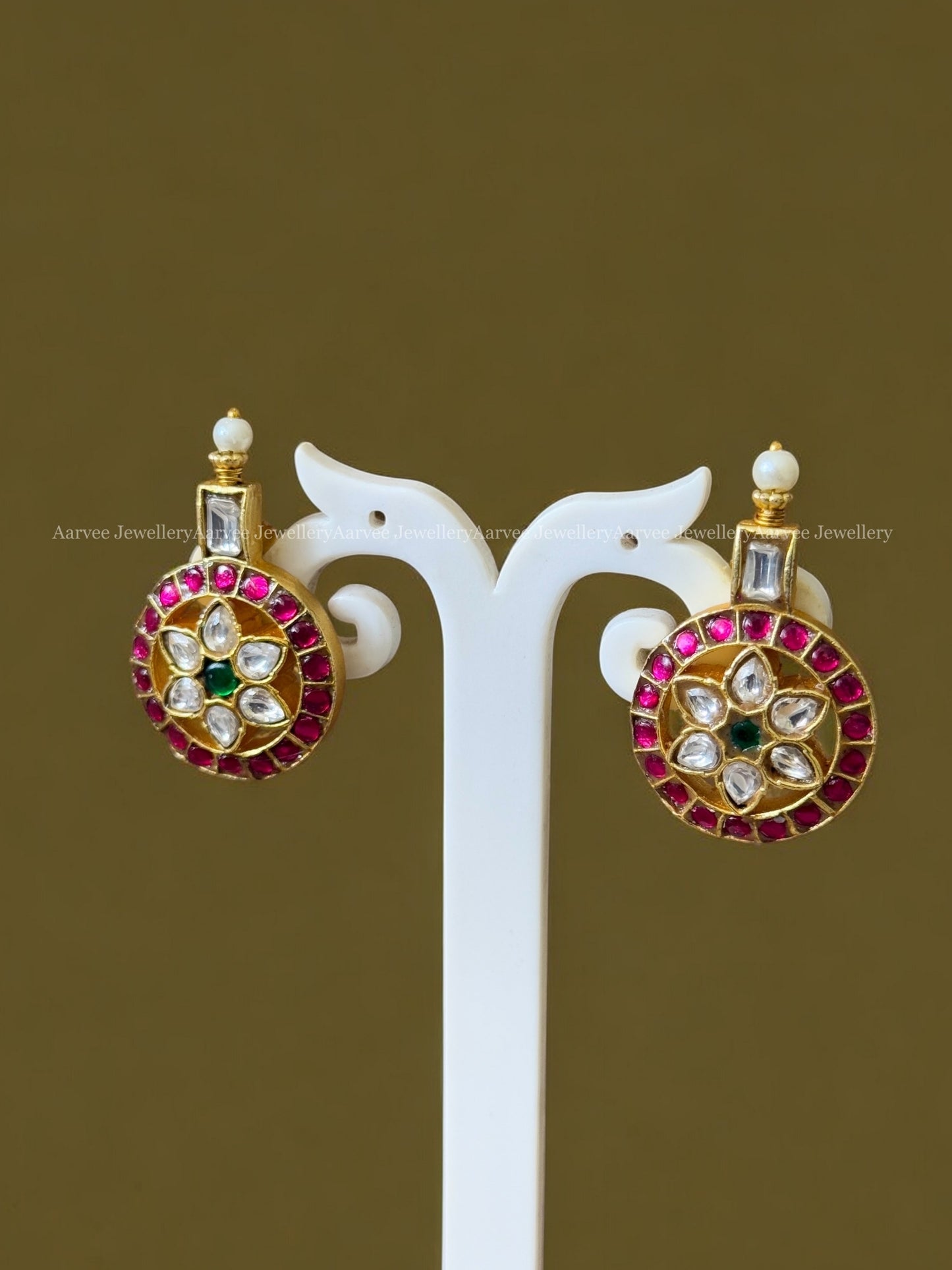 JADAU KUNDAN SEMI BRIDAL -PINK STONE HALF MOON CHOKER WITH BOTTU MALA MID LENGTH NECKLACE SET