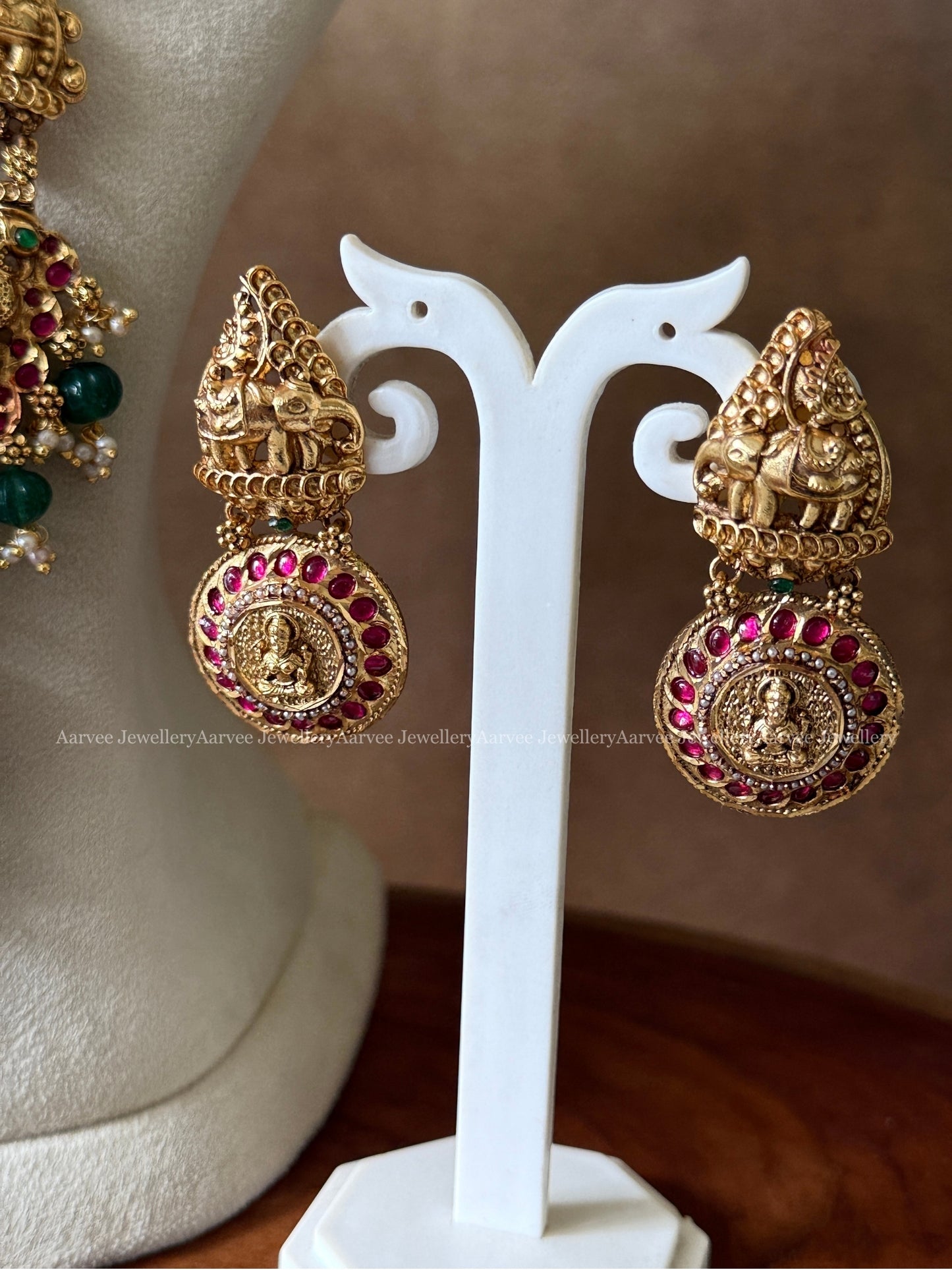 ANTIQUE GOLD LAKSHMI HARAM SET WITH GREEN BEADS