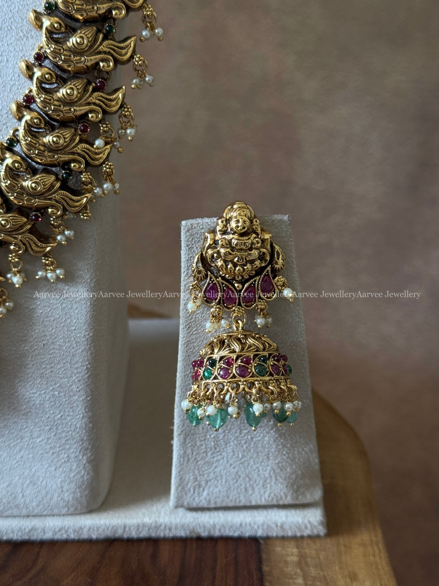 TEMPLE BRIDAL JEWELLERY SET WITH PEACOCK MOTIF & LAKSHMI PENDANT WITH PASTEL BEADS