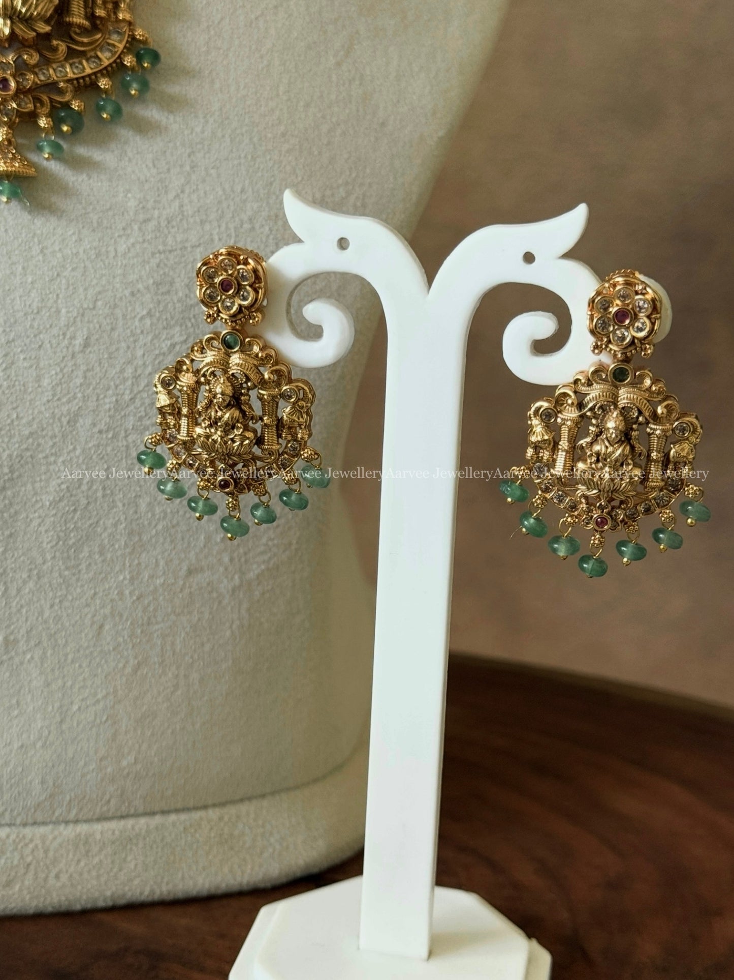 FULL GOLD NECKLACE SET WITH LAKSHMI PENDANT AND PASTEL BEADS
