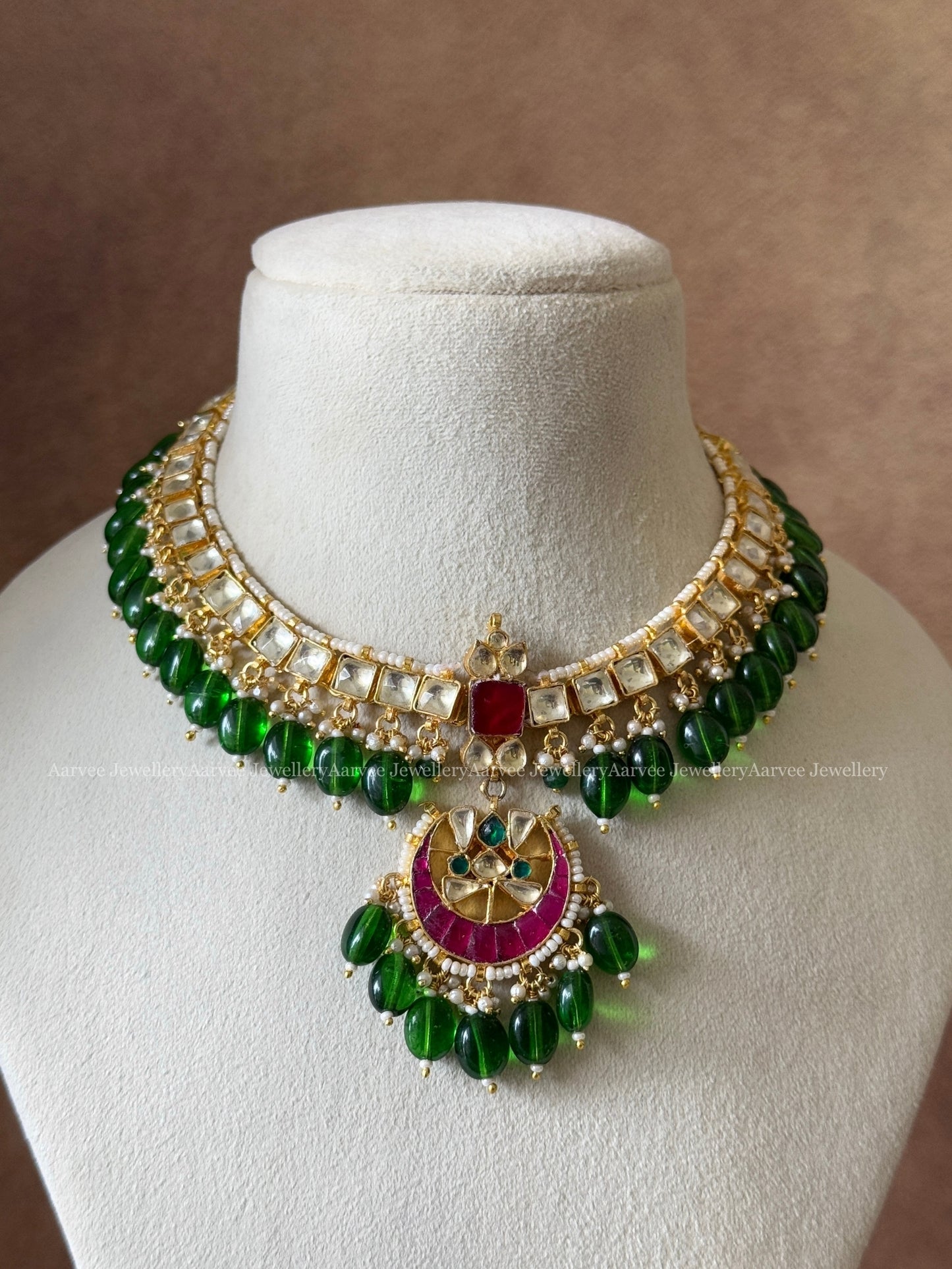 POLKI KUNDAN WHITE & RUBY STONES NECKALCE SET WITH CHAND PENDANT WITH GREEN BEADS