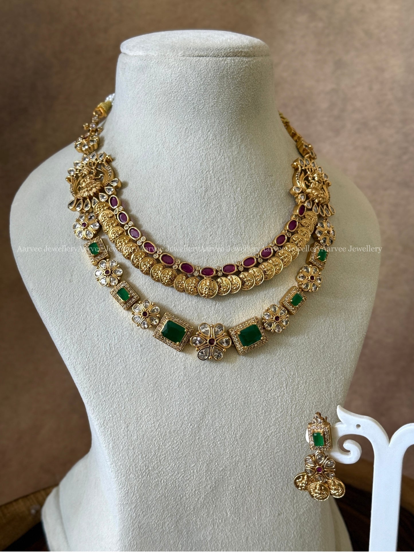 CZ RUBY / GREEN STONE TWO LAYERED NECKLACE SET
