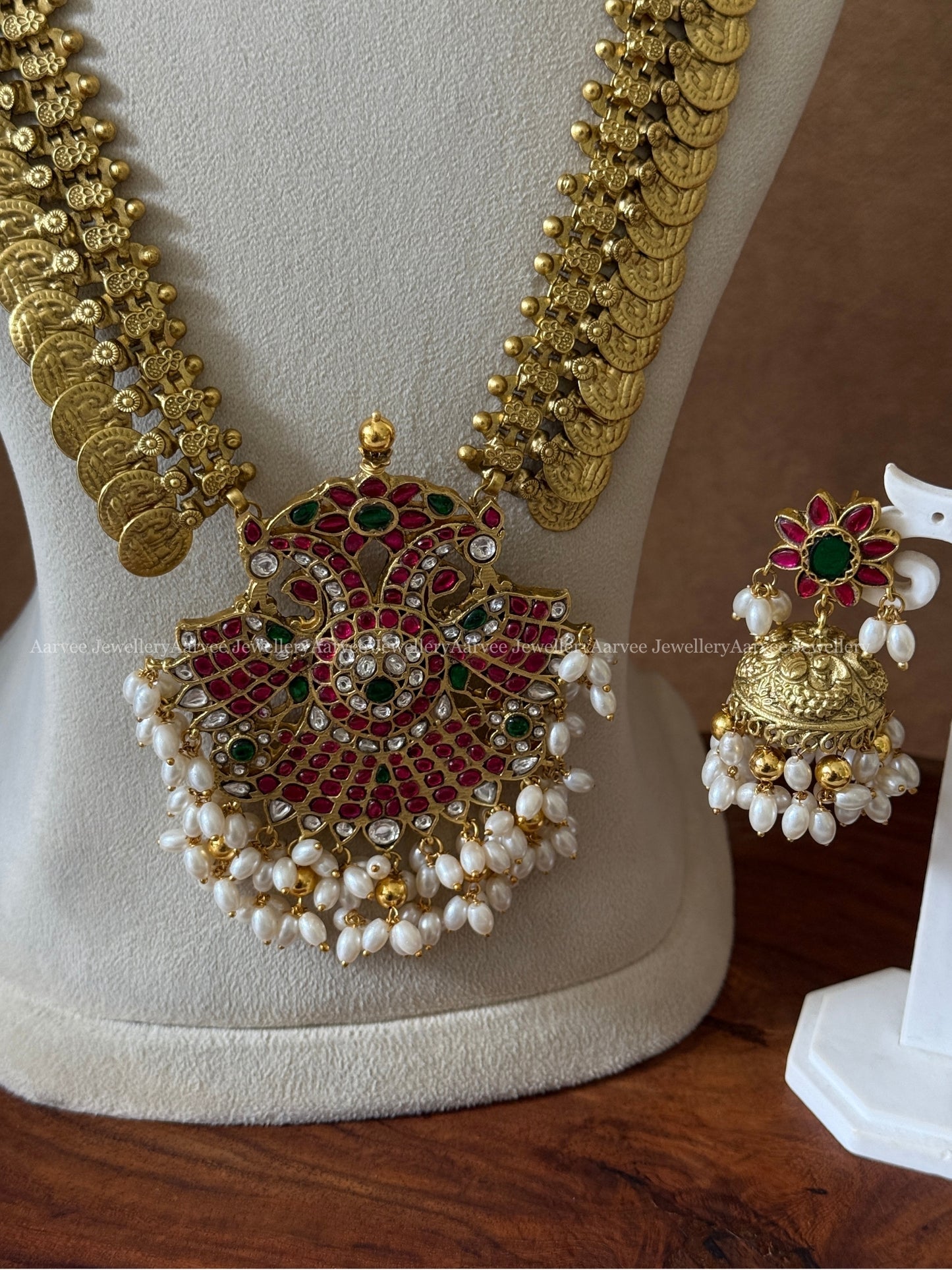 GOLD COIN MID LENGTH HARAM SET WITH PEACOCK PENDANT WITH PEARLS - RUBY STONES