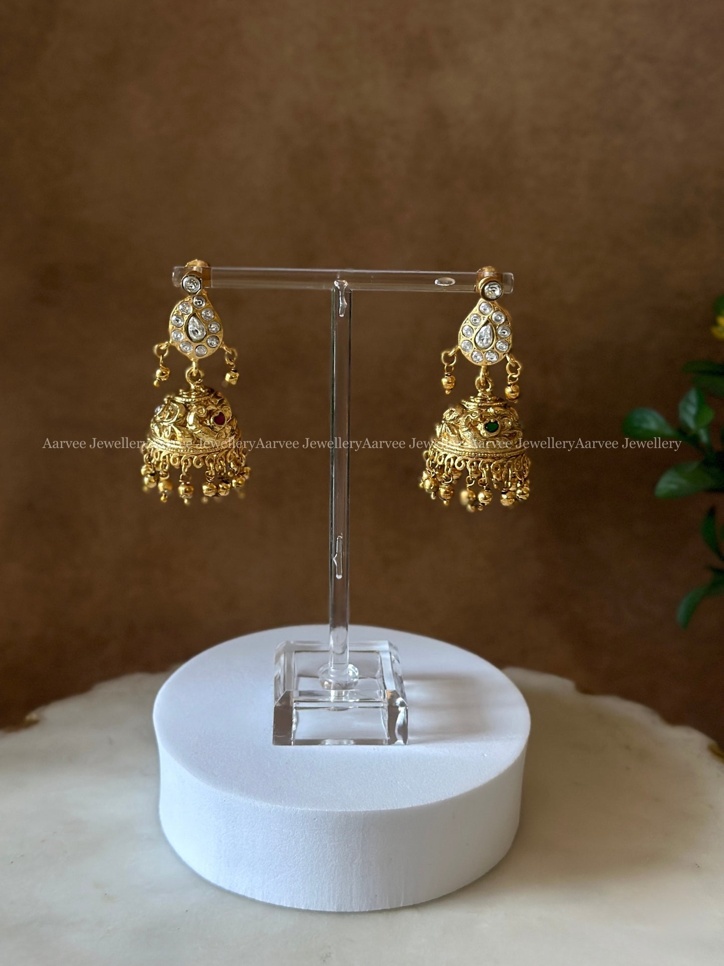 JADAU KUNDAN REVERSIBLE 2 IN 1 MANGO MOTIF JHUMKI WITH PINK AND WHITE STONES & GOLD BEADS
