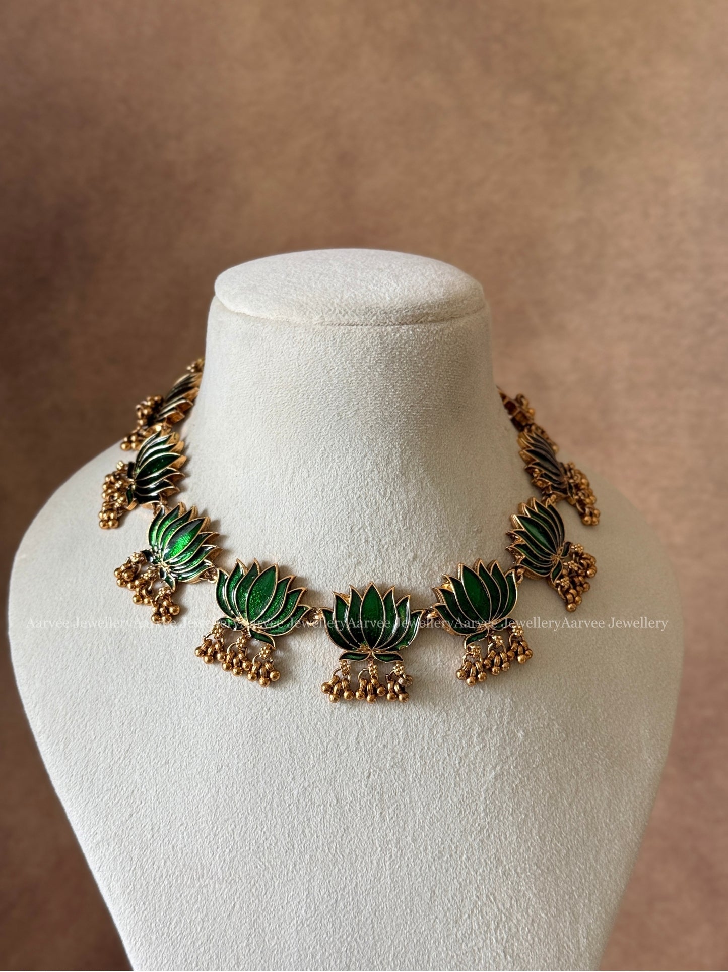 LOTUS NECKLACE SET IN GREEN COLOR AND GOLD BEADS