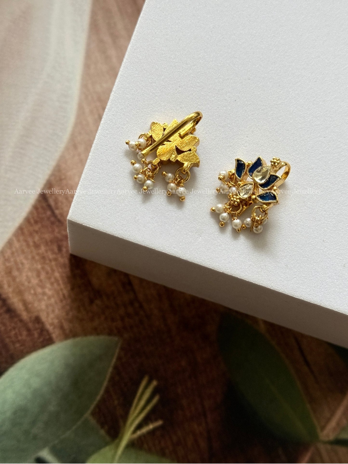 LOTUS EAR CUFF / BUGADI WITH KUNDAN BLUE STONES