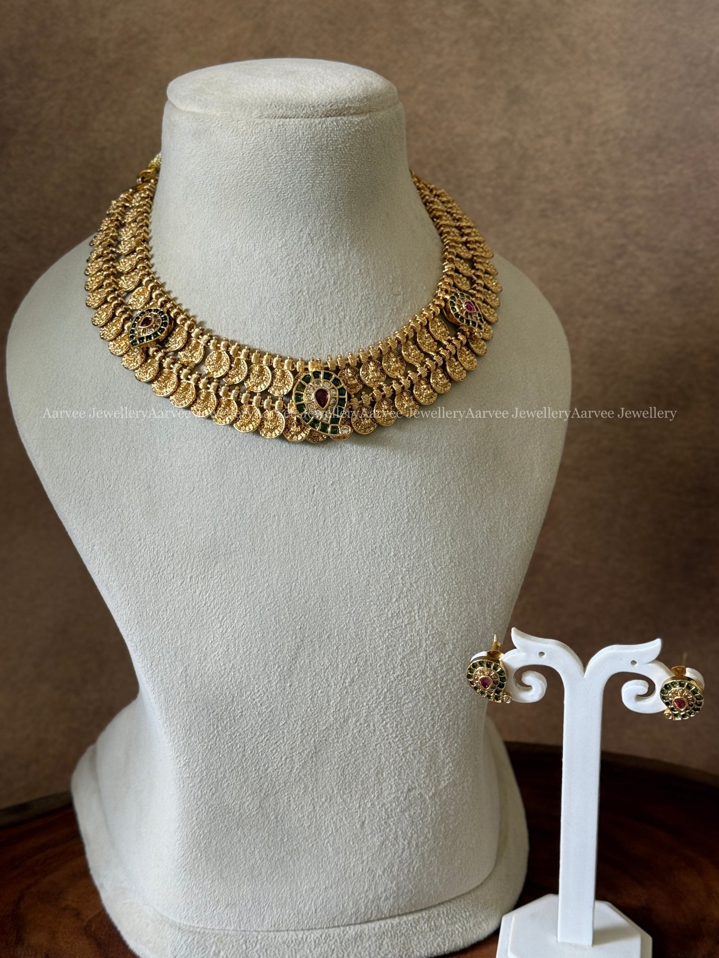 TWO LAYER COIN NECKALCE SET WITH MANGO PENDANT & GREEN STONES