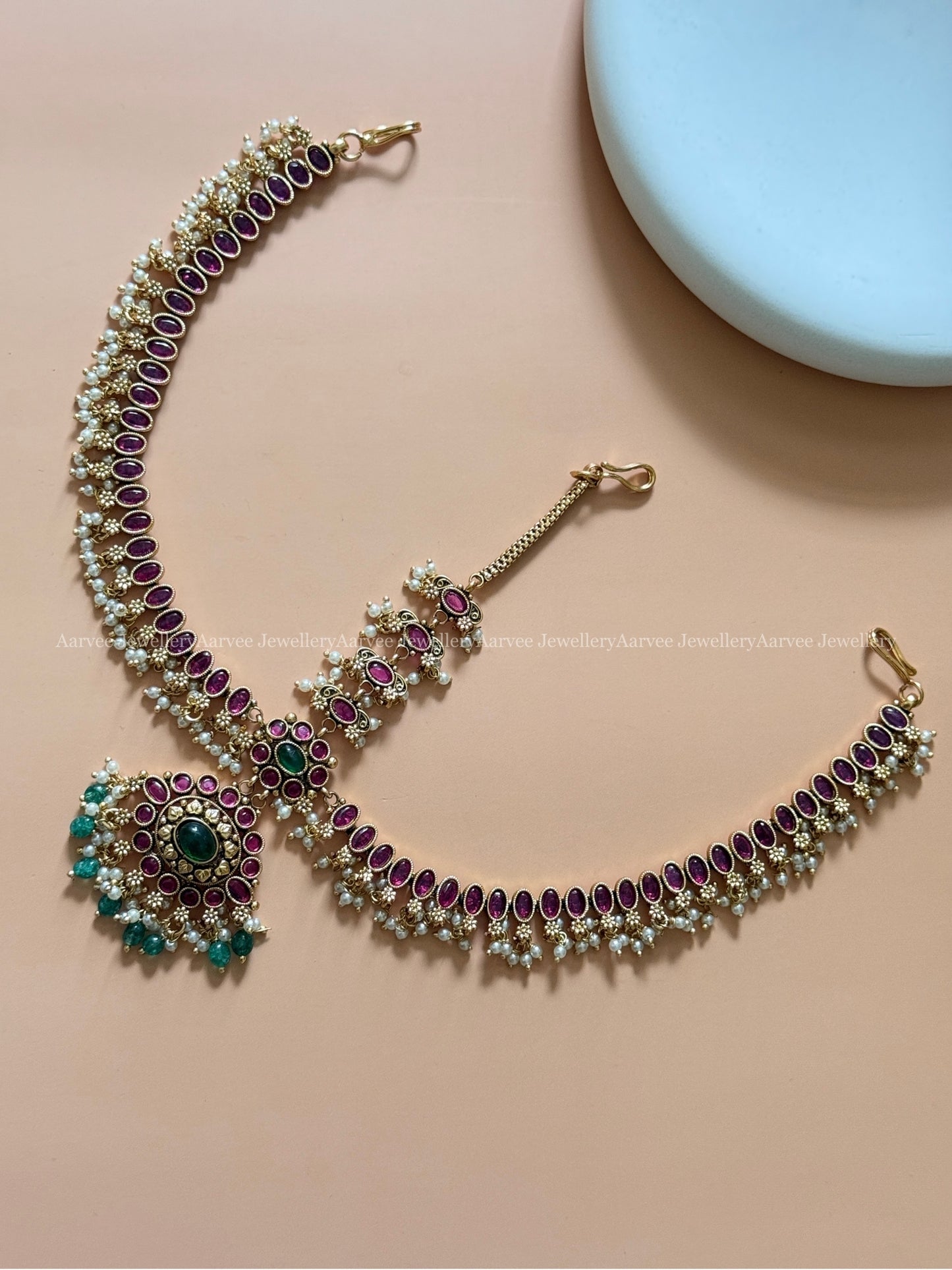 KEMP RUBY / GREEN STONE MATHAPATHI WITH PEARLS & PASTEL BEADS