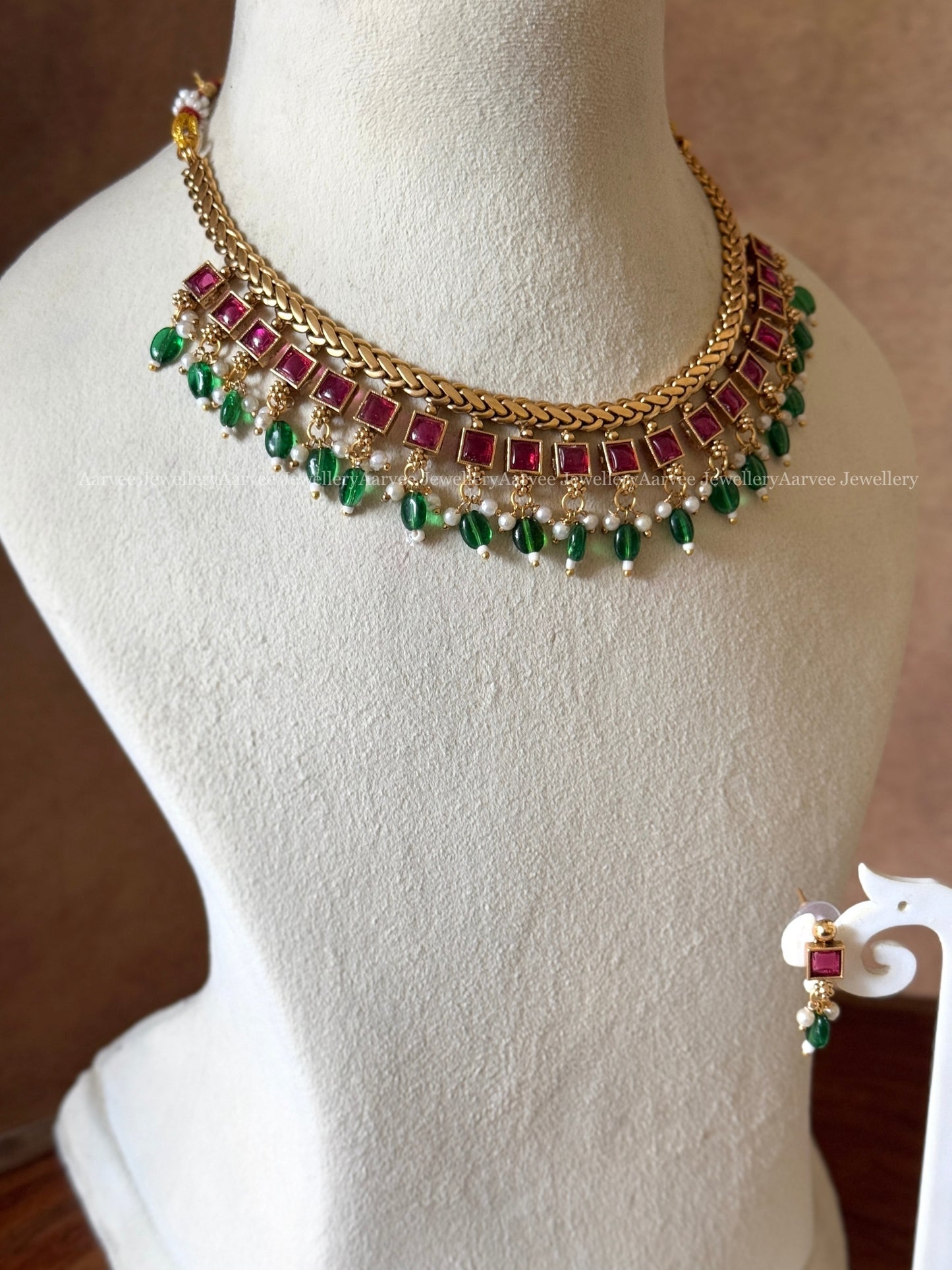 JALEBI SIMPLE NECKLACE SET WITH RUBY STONES & GREEN BEADS