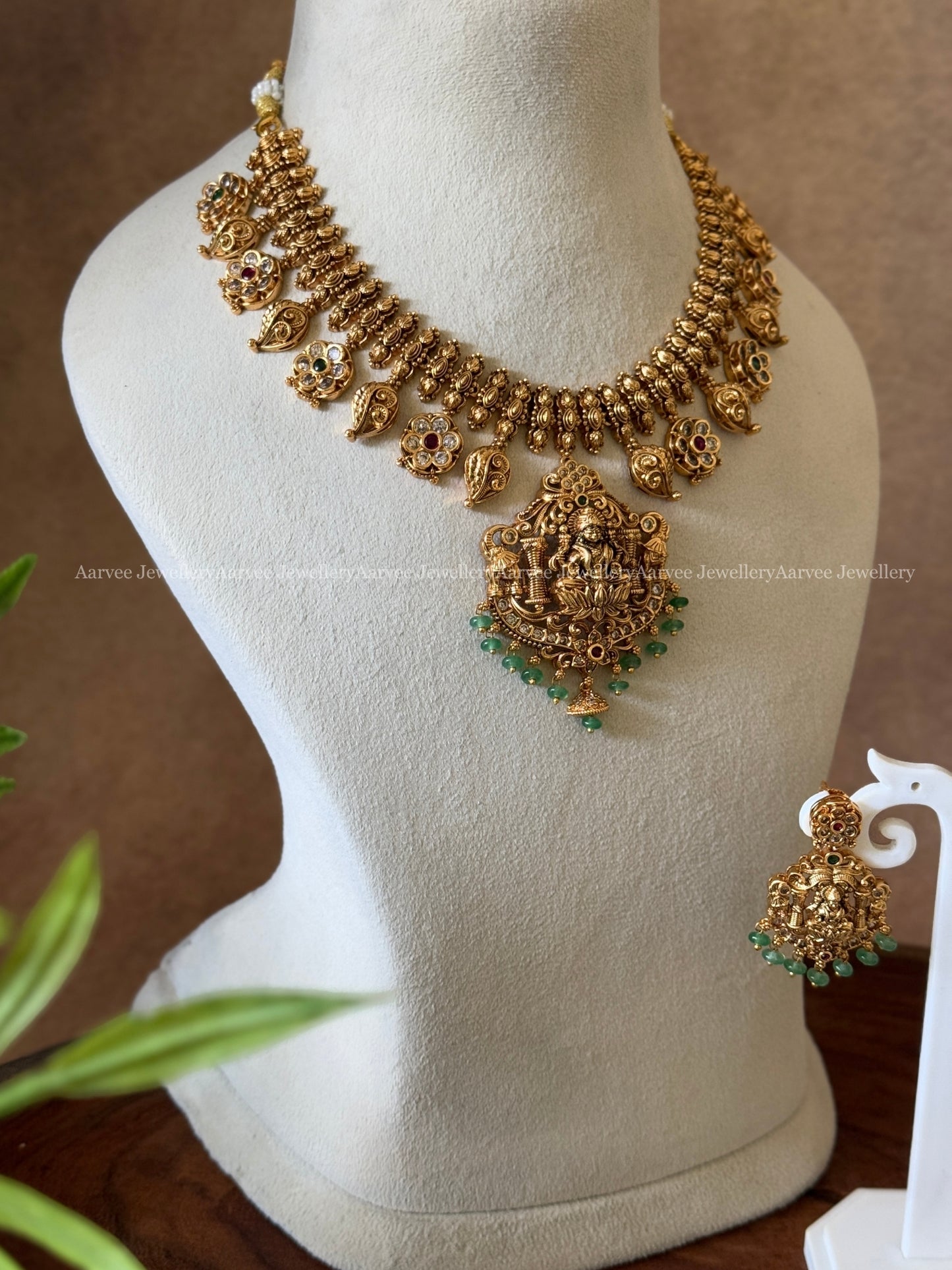 FULL GOLD NECKLACE SET WITH LAKSHMI PENDANT AND PASTEL BEADS