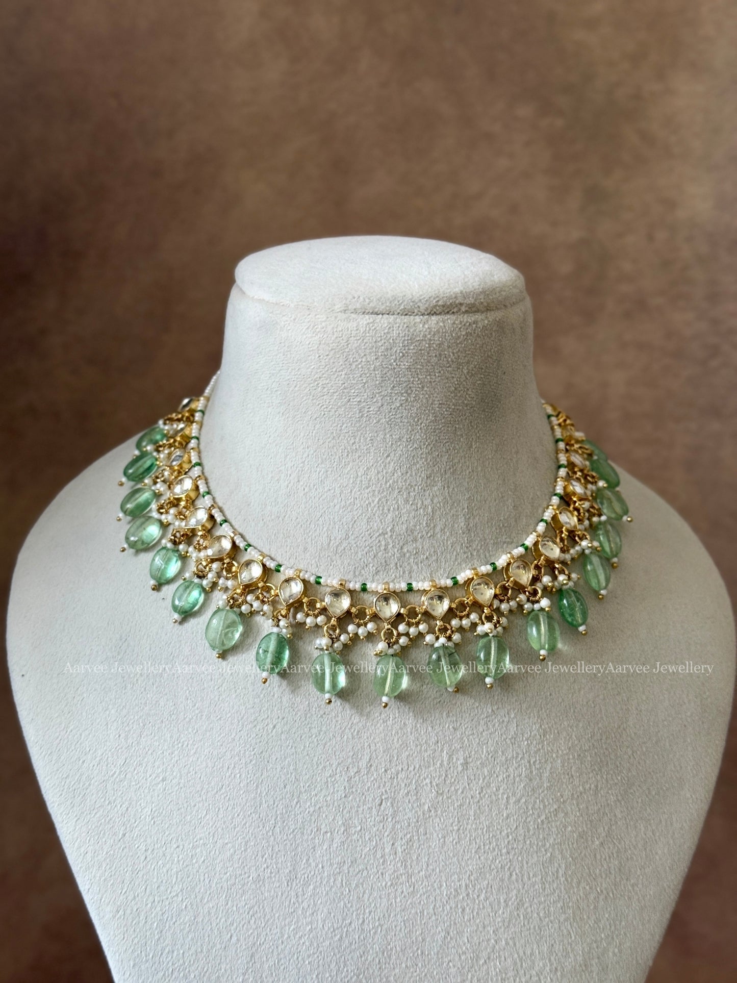 POLKI KUNDAN MINIMAL PEARL CHAIN WHITE STONE NECKLACE SET WITH PASTEL BEADS