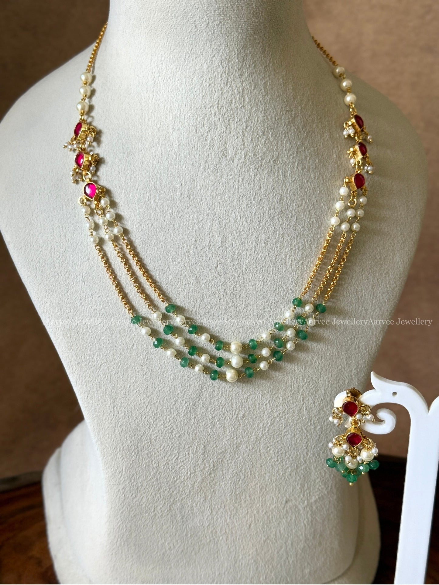 MINIMAL POLKI KUNDAN LAYERED CHAIN SET WITH RUBY STONE & PASTEL BEADS