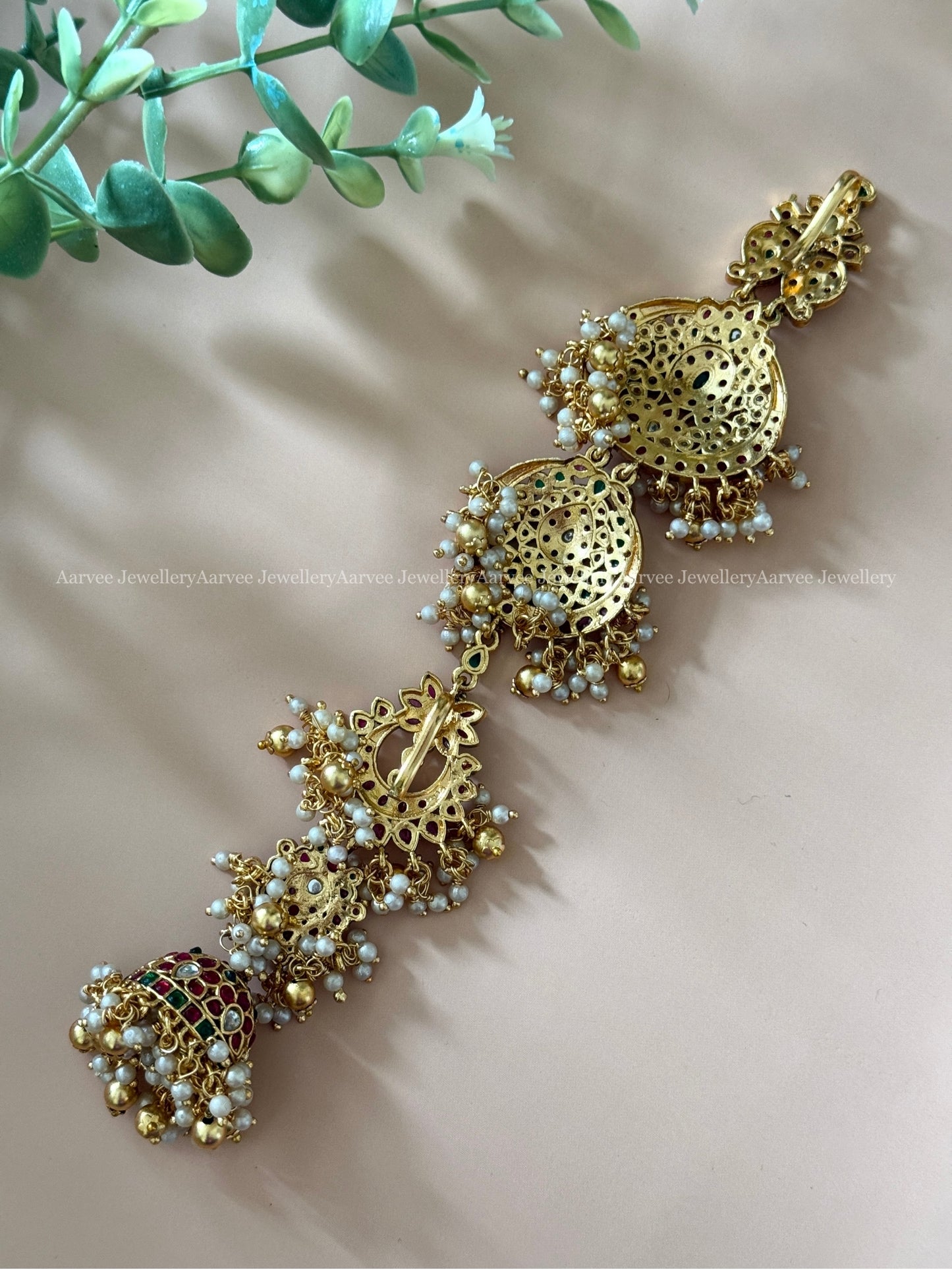 HAIR ACCESSORY WITH MANGO, LOTUS FLORAL MOTIF IN MULTI COLOR KEMP STONES WITH GOLD BEADS MEDIUM LENGTH