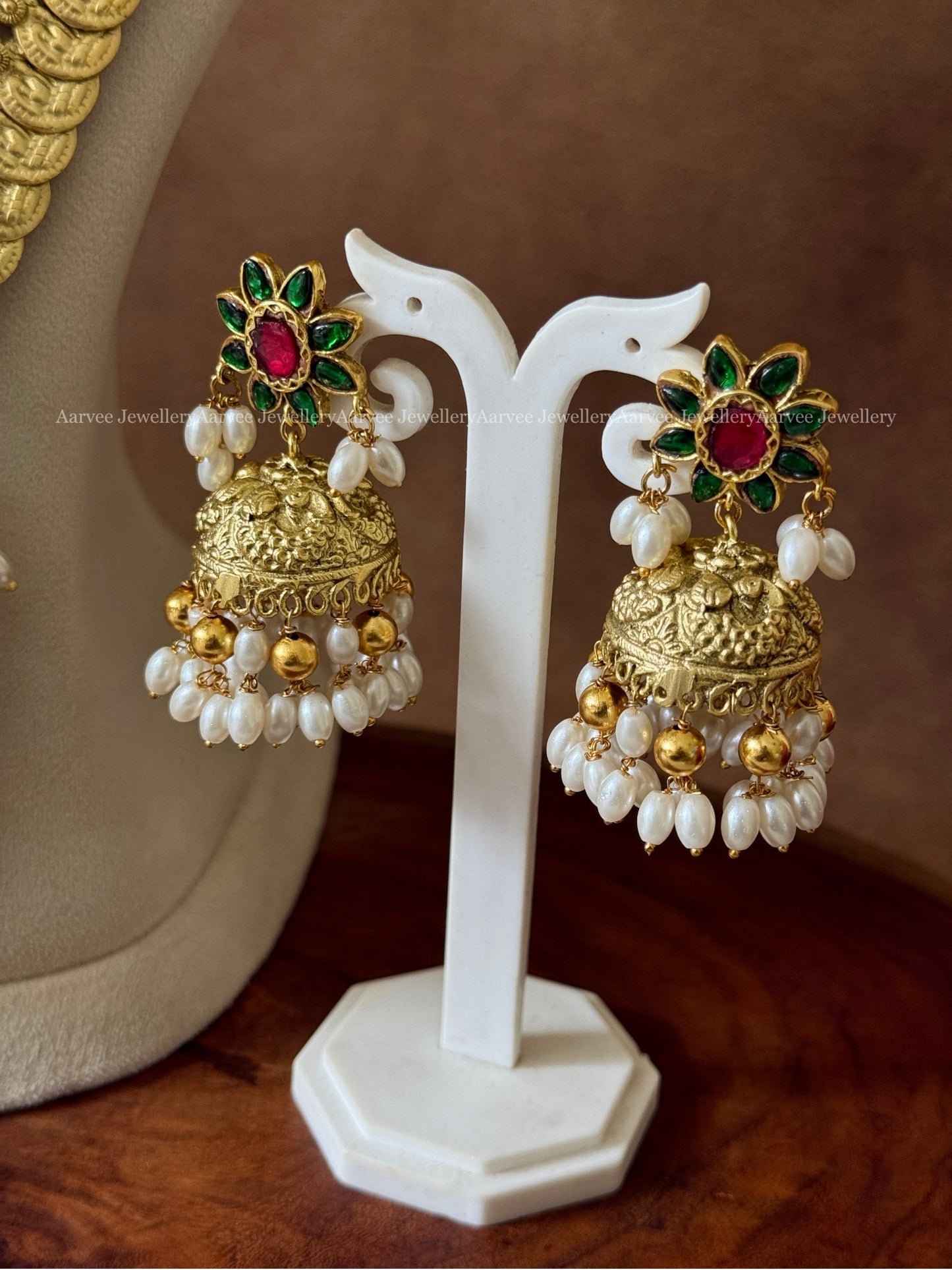 GOLD COIN MID LENGTH HARAM SET WITH PEACOCK PENDANT WITH PEARLS - GREEN STONES
