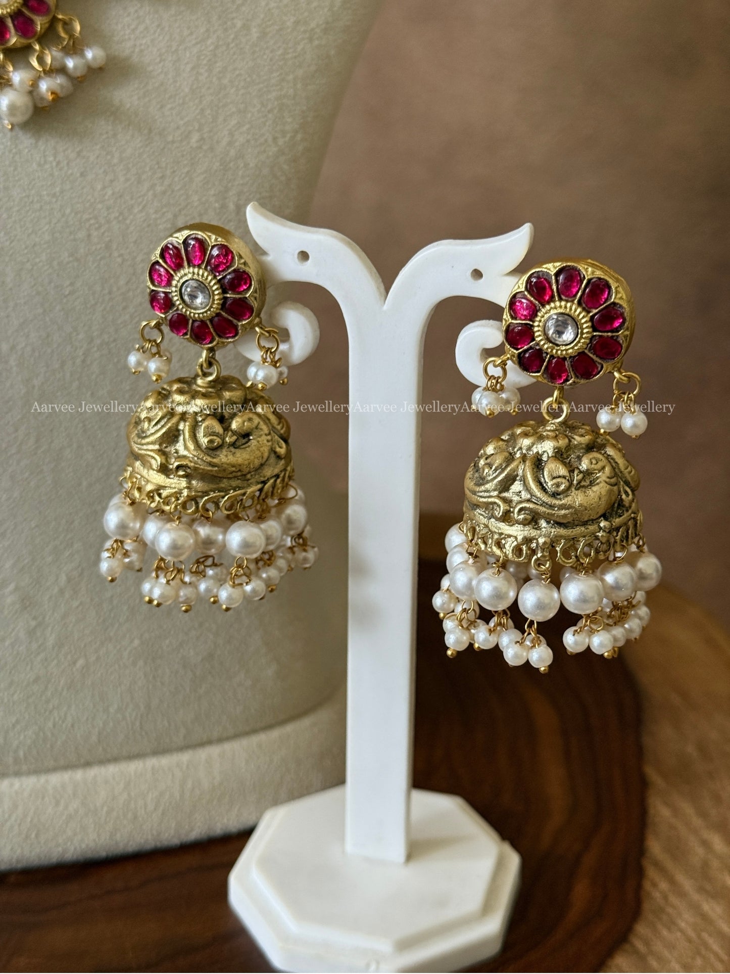 JADAU KUNDAN ANNAM & LOTUS PENDANT PINK AND BLUE STONE NECKLACE SET WITH JHUMKI