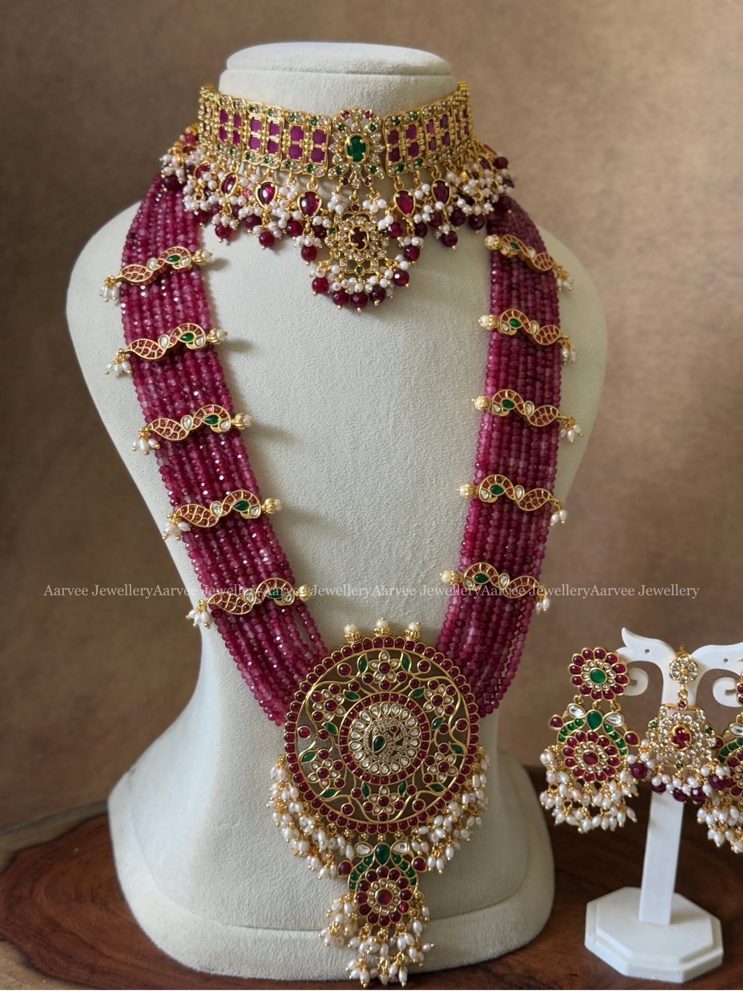 COMBO - CZ CHOKER AND RUBY BEADED HARAM SET WITH FLORAL PENDANT / SIDE PENDANT