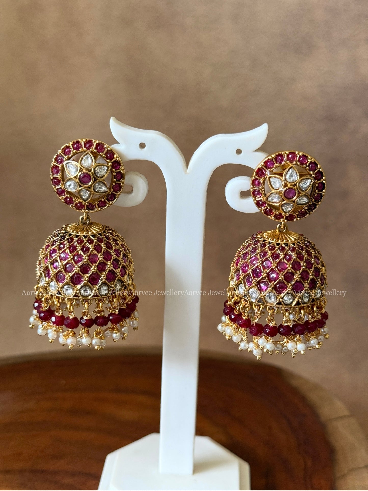 PREMIUM KEMP STONE FLORAL JHUMKI WITH RUBY STONE & RUBY BEADS