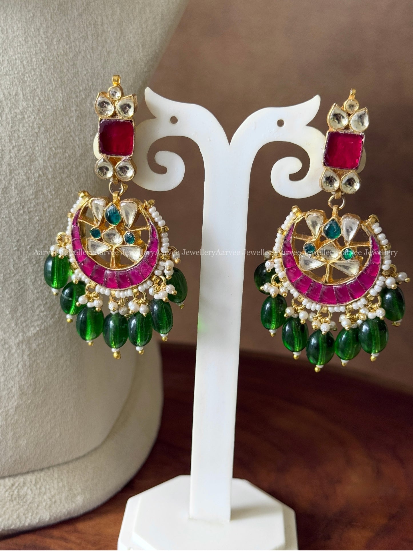 POLKI KUNDAN WHITE & RUBY STONES NECKALCE SET WITH CHAND PENDANT WITH GREEN BEADS