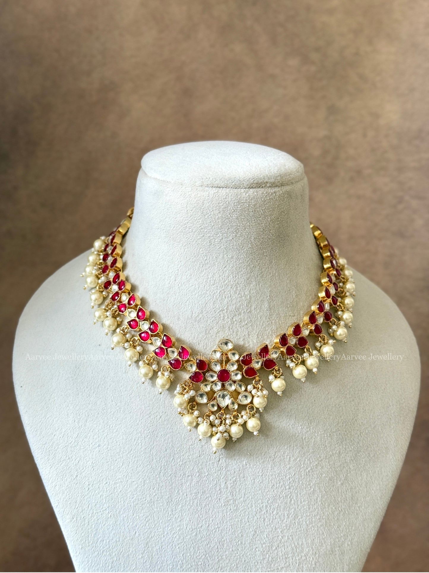 POLKI KUNDAN PINK STONE TEAR DROP NECKLACE SET